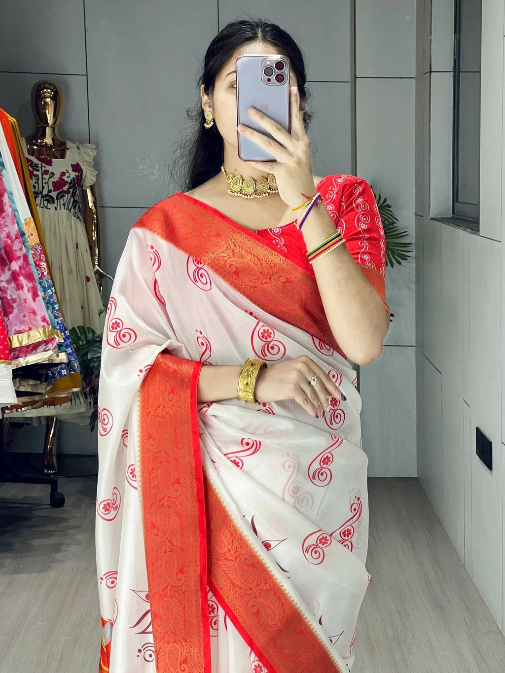 Adorning White Silk Printed Festival Wear Saree With Red Blouse