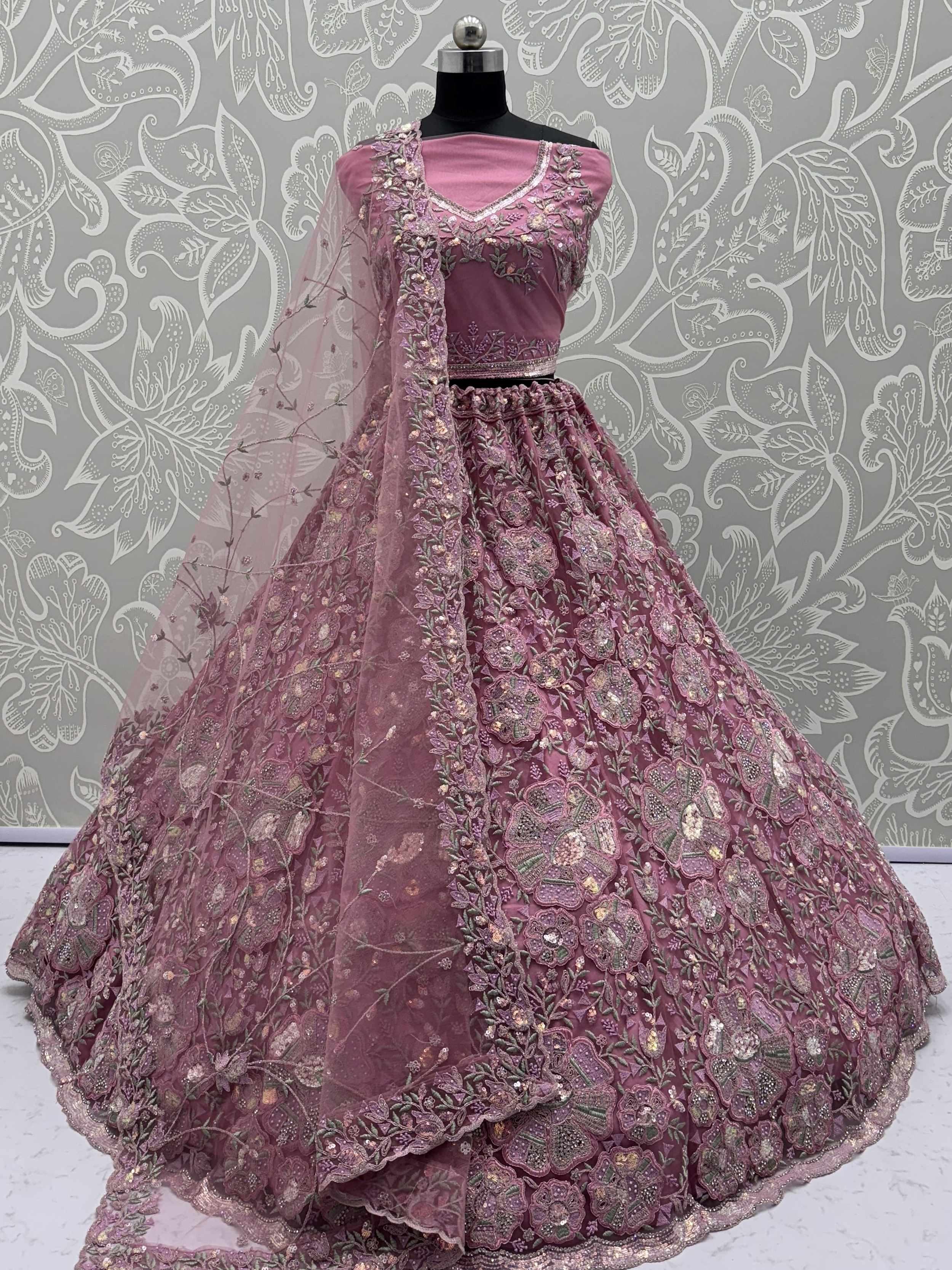 Pink Glamorous Net Sequins Wedding Wear Lehenga Choli With Dupatta