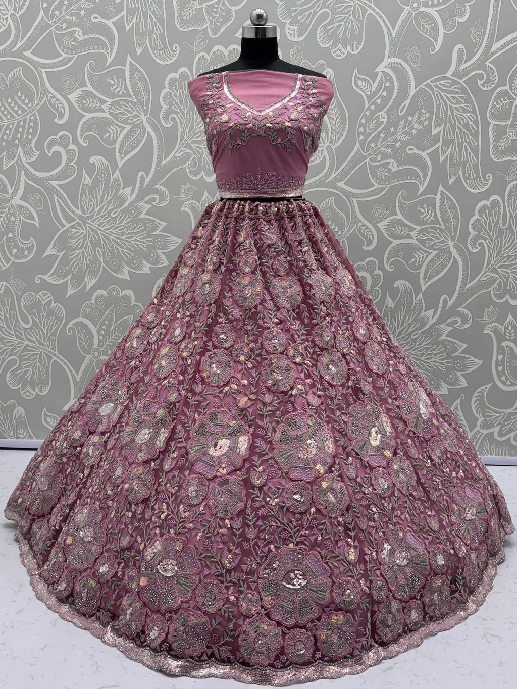 Pink Glamorous Net Sequins Wedding Wear Lehenga Choli With Dupatta