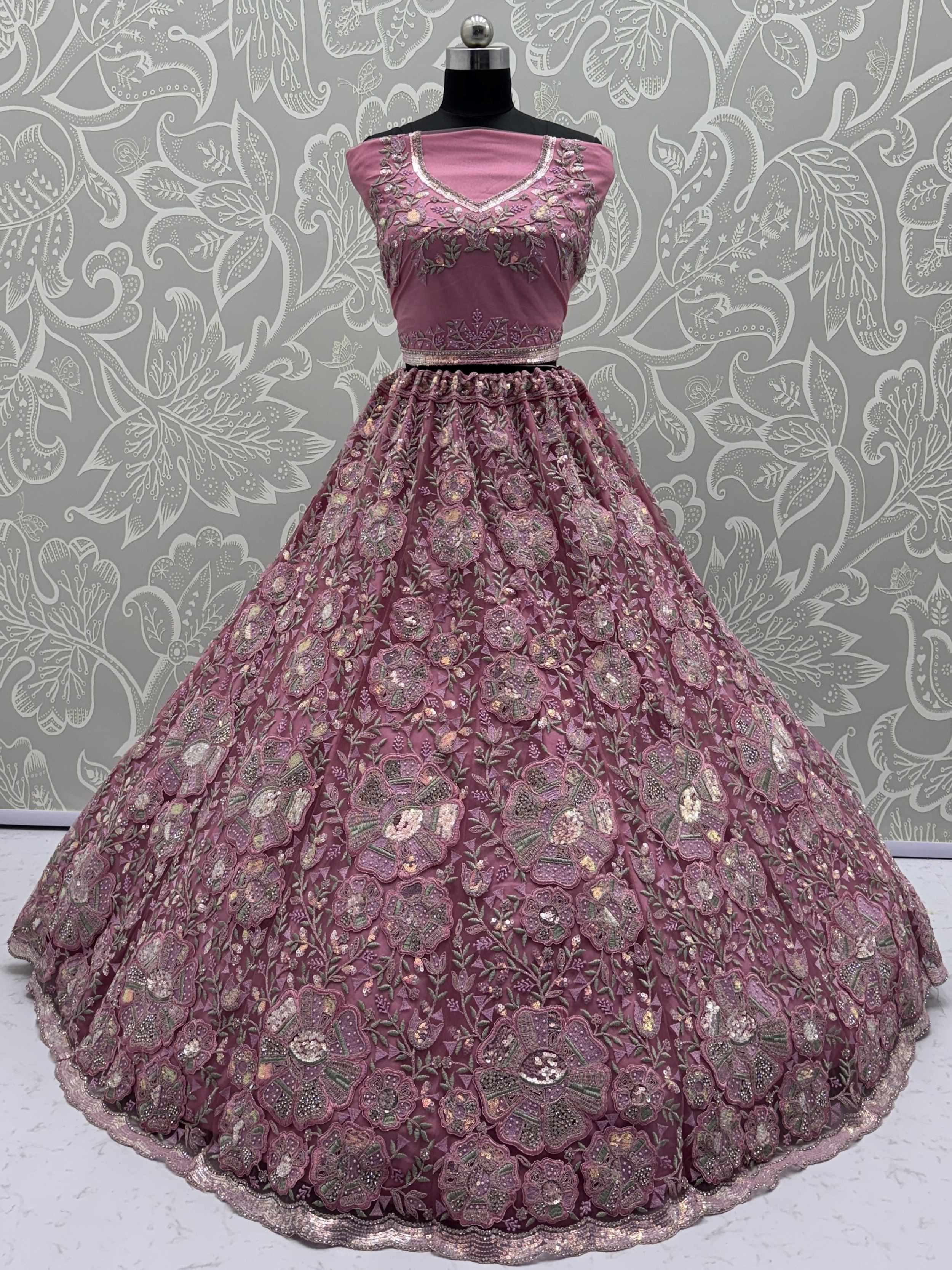 Pink Glamorous Net Sequins Wedding Wear Lehenga Choli With Dupatta