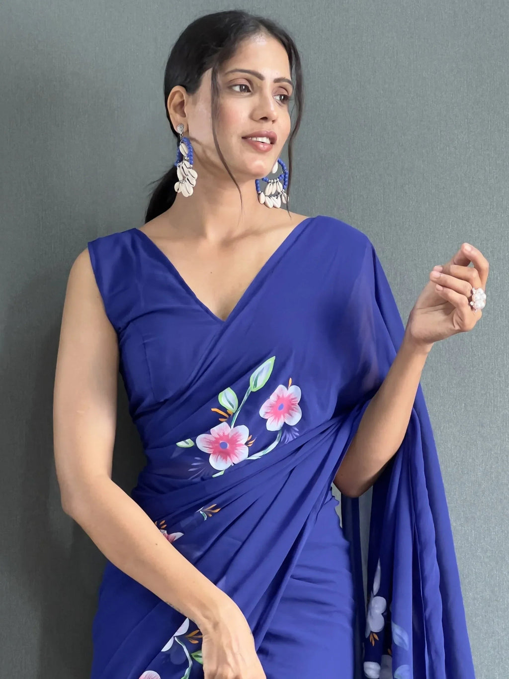 Charming Blue Floral Print Georgette Ready To Wear Saree With Blouse