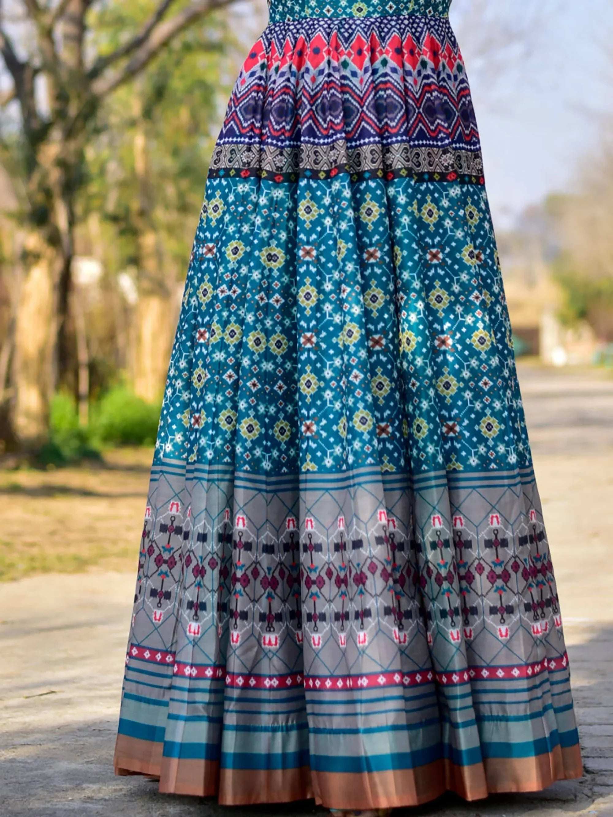 Charming Blue Chanderi Digital Printed Festive Wear Gown