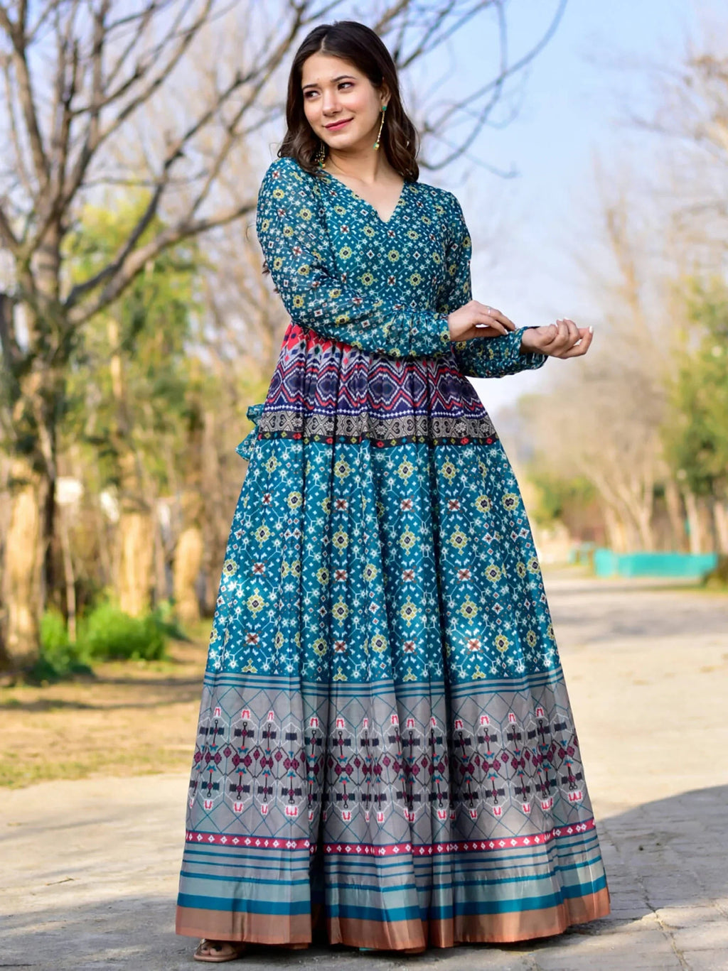 Charming Blue Chanderi Digital Printed Festive Wear Gown