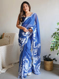 Blue Enchanting Thread Work Organza Lucknowi Saree With Blouse