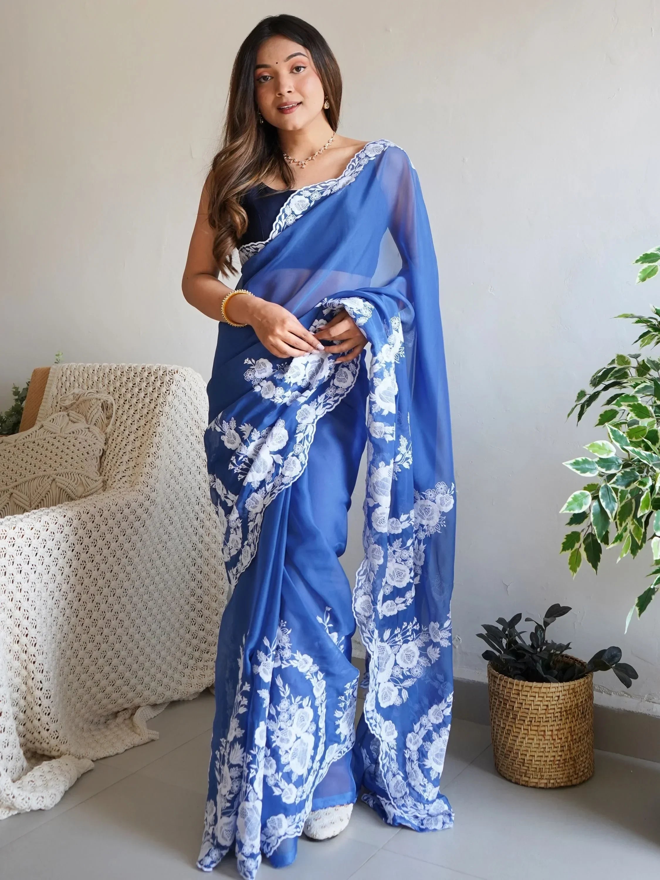 Blue Enchanting Thread Work Organza Lucknowi Saree With Blouse