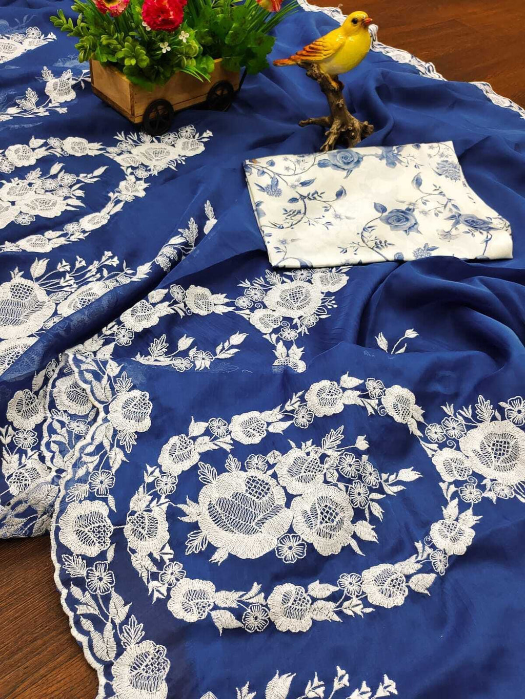 Blue Enchanting Thread Work Organza Lucknowi Saree With Blouse