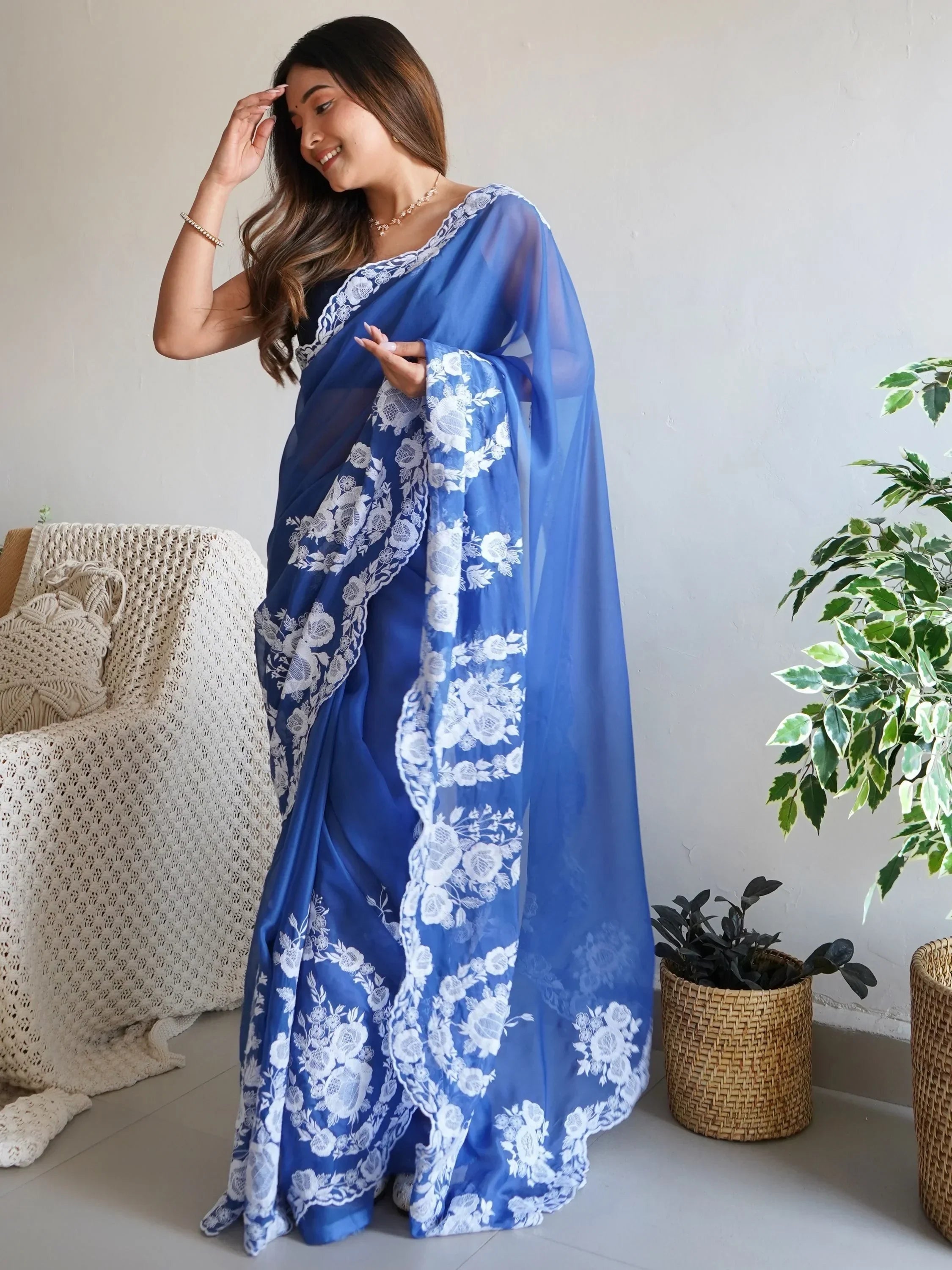 Blue Enchanting Thread Work Organza Lucknowi Saree With Blouse