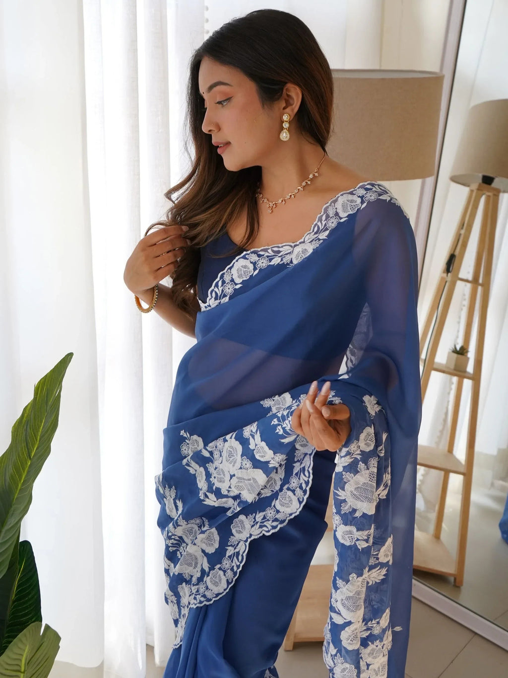 Blue Enchanting Thread Work Organza Lucknowi Saree With Blouse