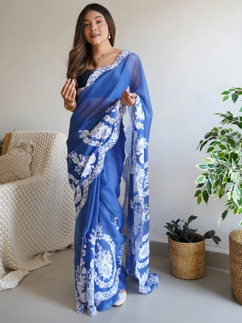 Blue Enchanting Thread Work Organza Lucknowi Saree With Blouse