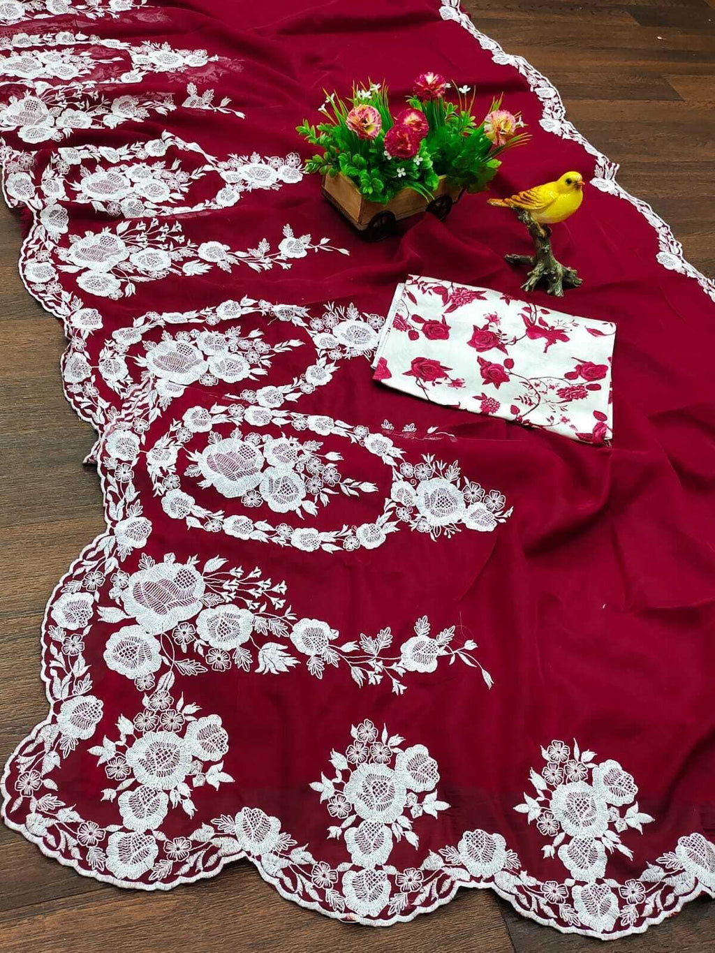 Red Enchanting Thread Work Organza Lucknowi Saree With Blouse