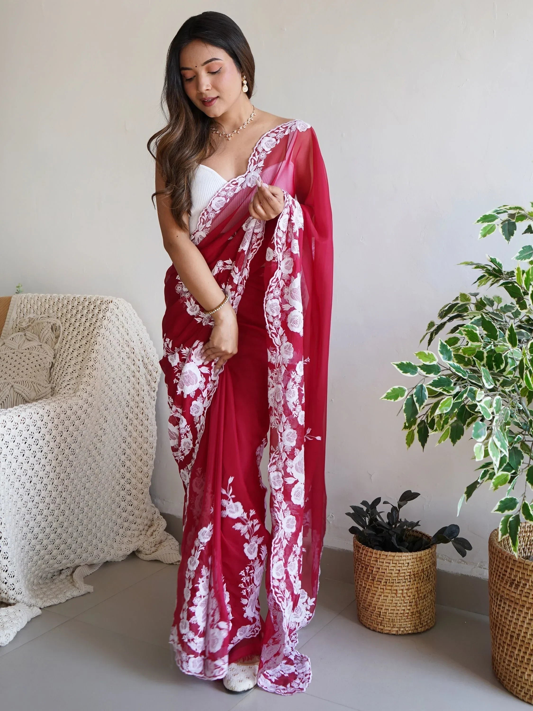 Red Enchanting Thread Work Organza Lucknowi Saree With Blouse