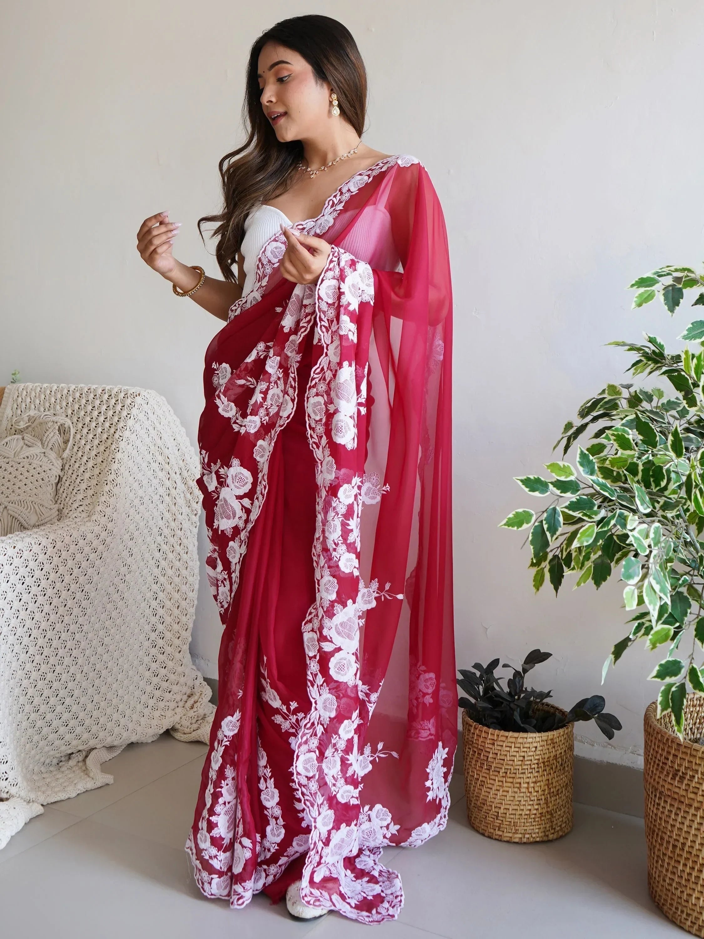 Red Enchanting Thread Work Organza Lucknowi Saree With Blouse