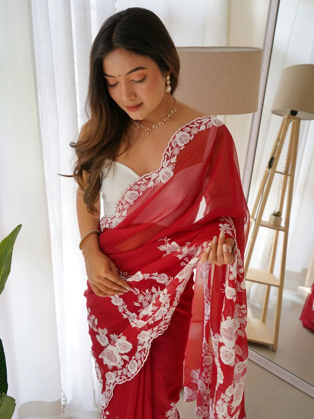 Red Enchanting Thread Work Organza Lucknowi Saree With Blouse