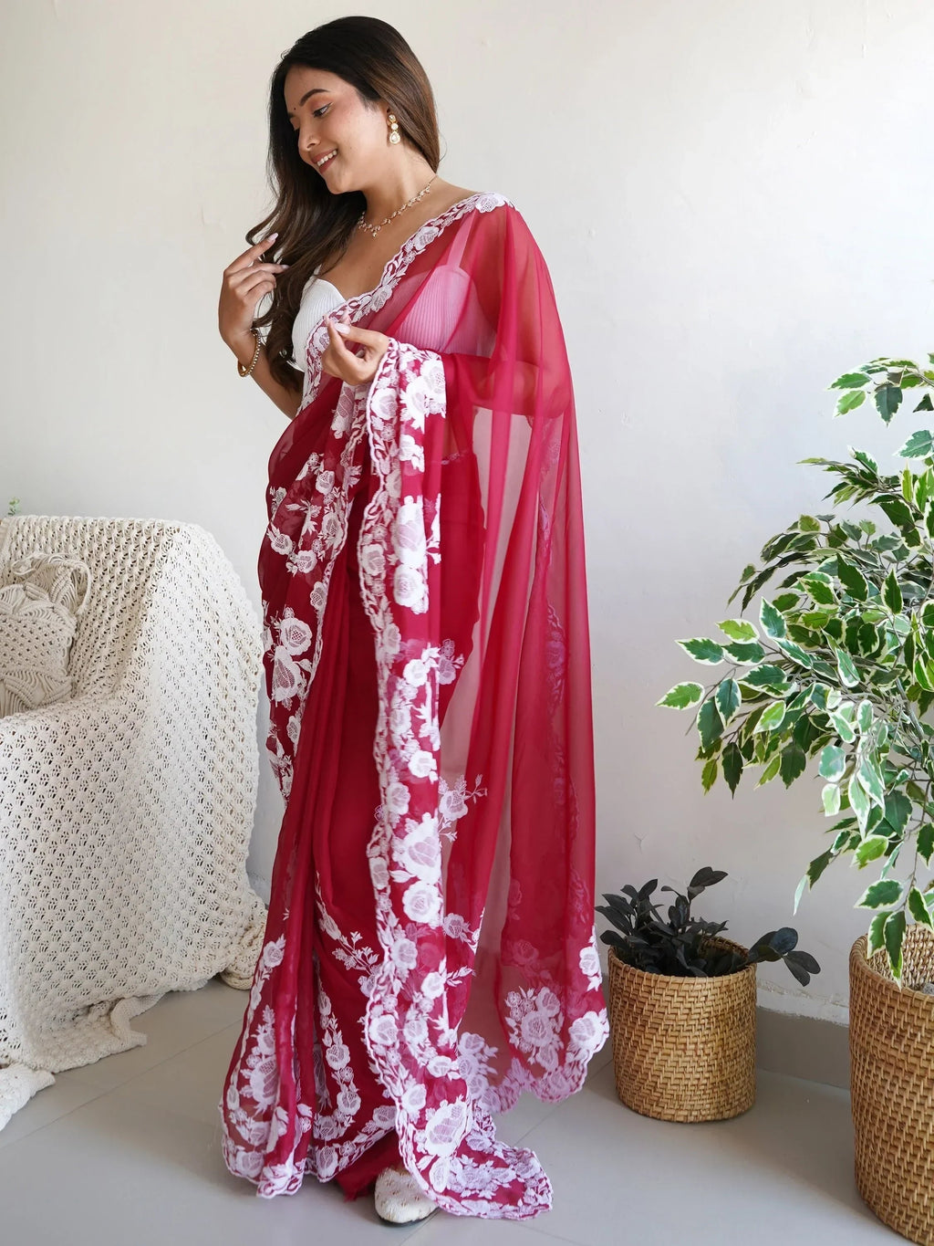 Red Enchanting Thread Work Organza Lucknowi Saree With Blouse