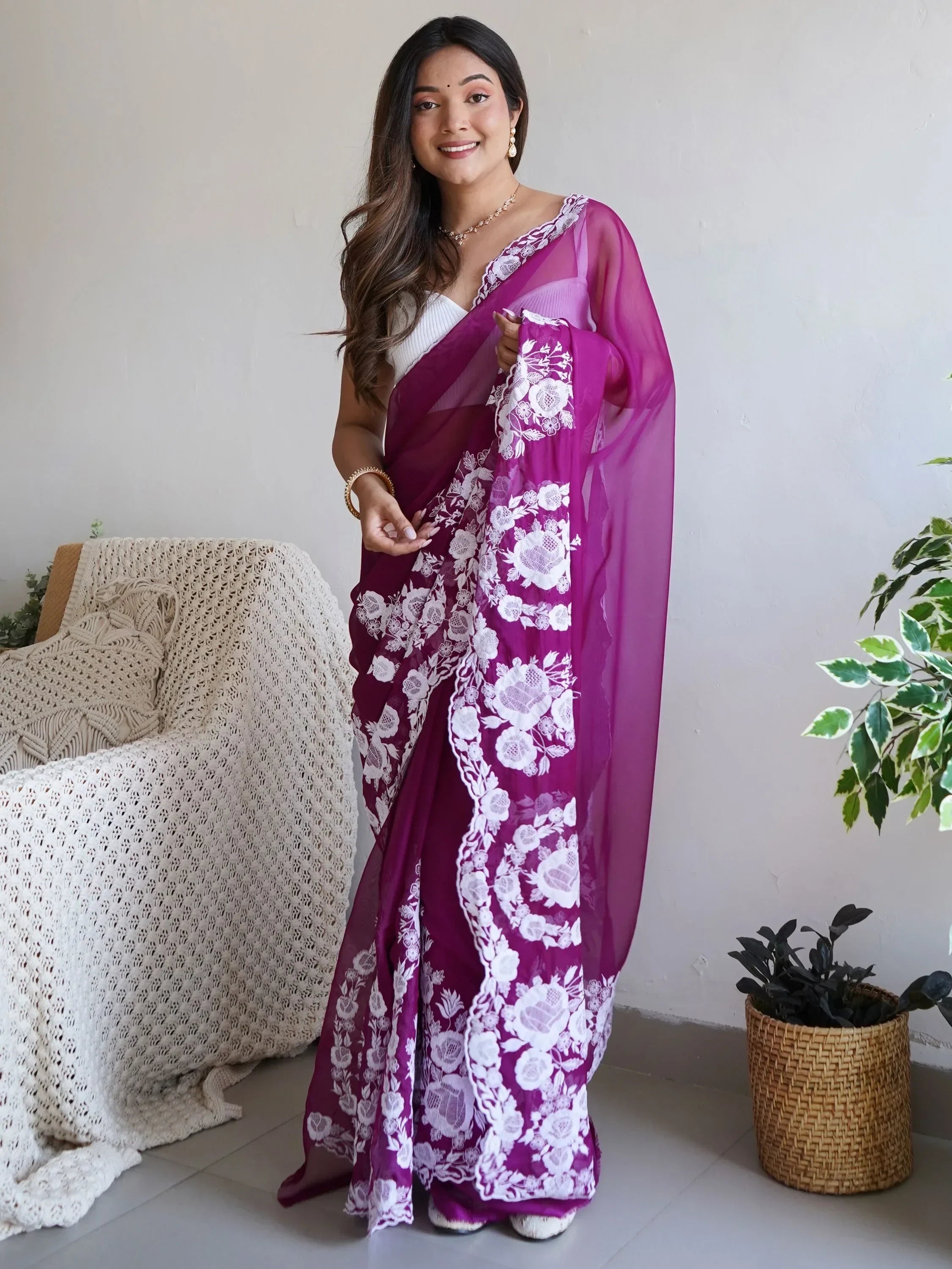 Purple Enchanting Thread Work Organza Lucknowi Saree With Blouse