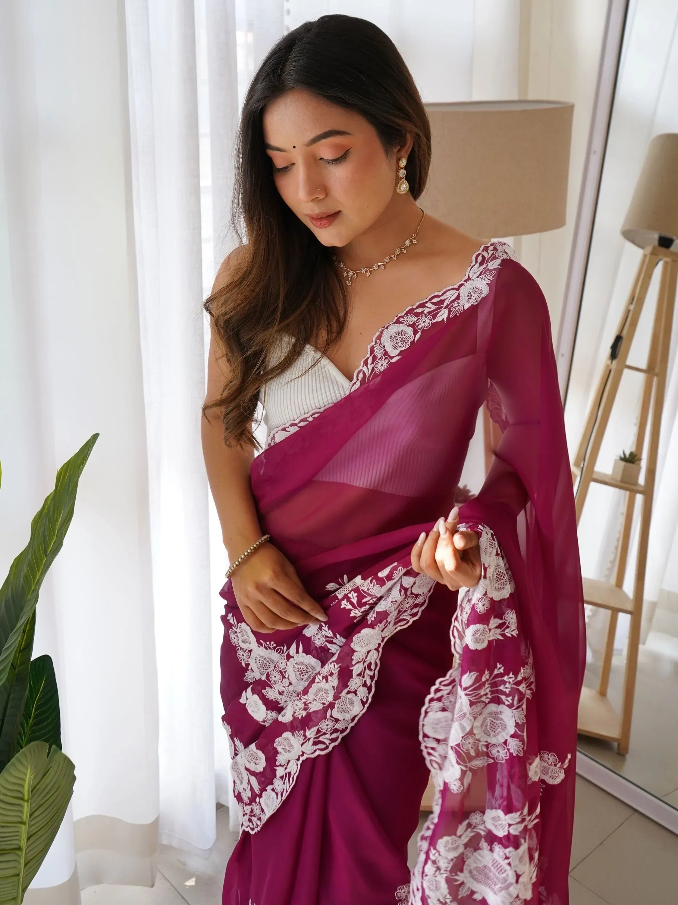 Purple Enchanting Thread Work Organza Lucknowi Saree With Blouse