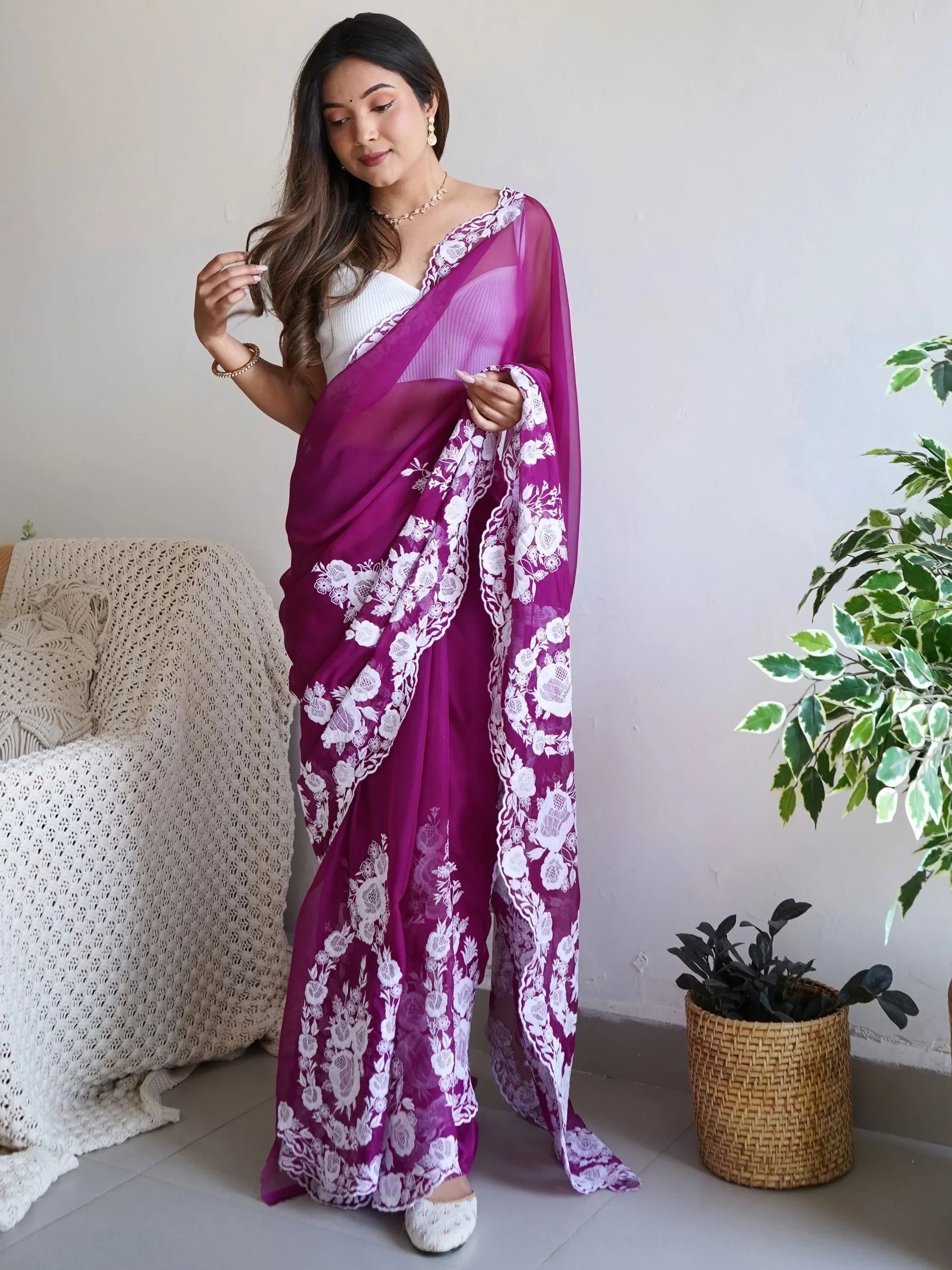 Purple Enchanting Thread Work Organza Lucknowi Saree With Blouse