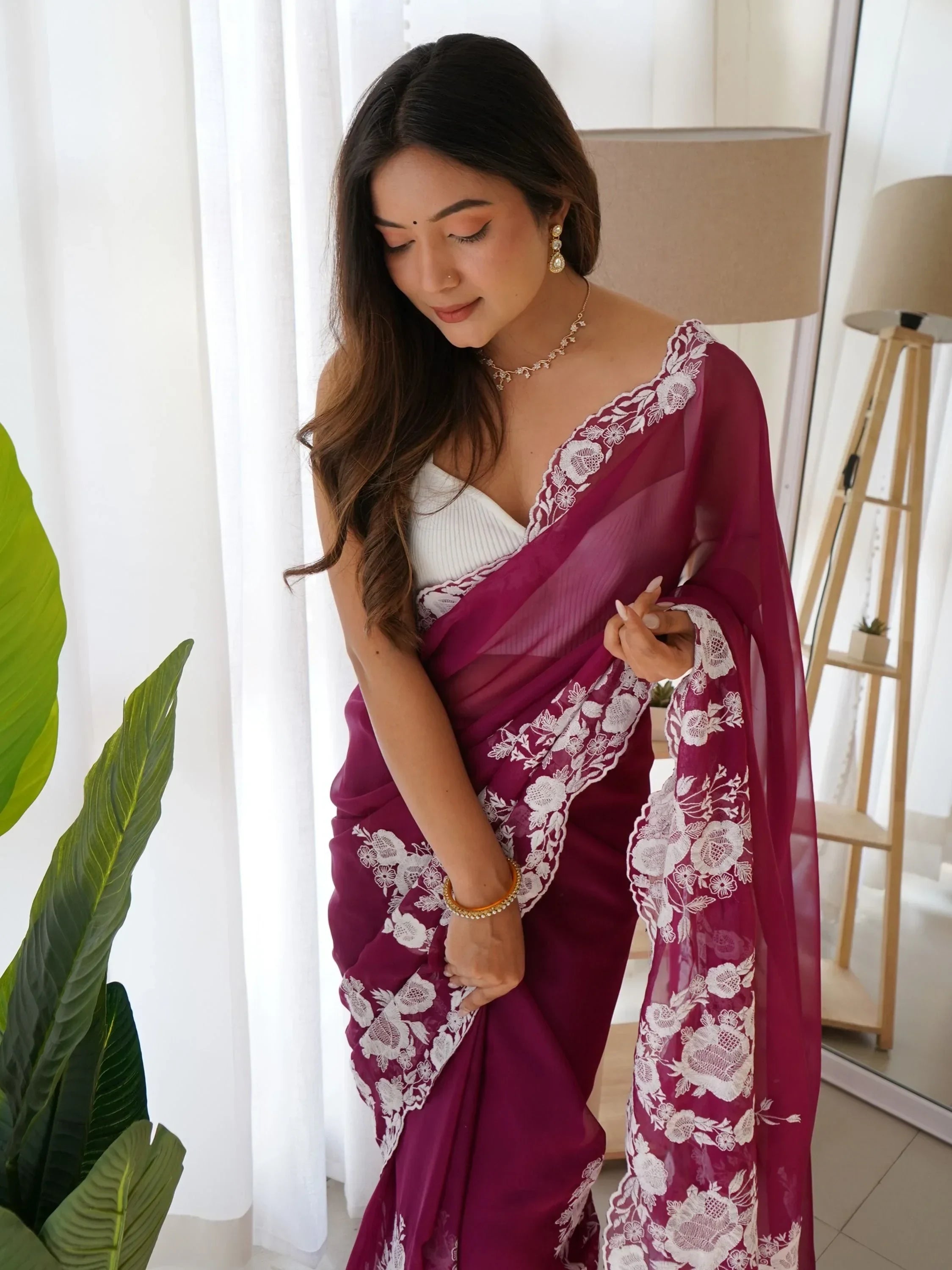 Purple Enchanting Thread Work Organza Lucknowi Saree With Blouse