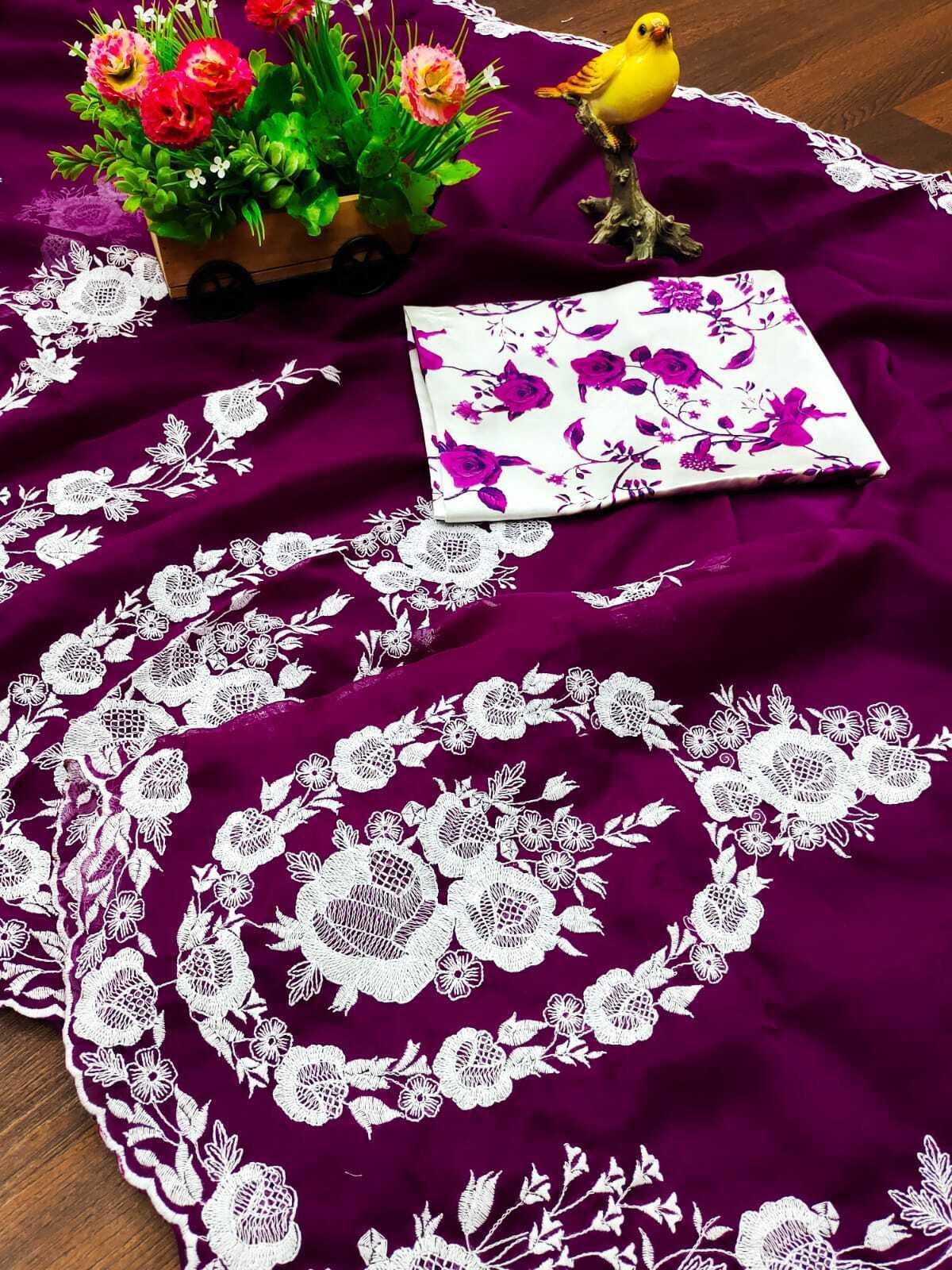 Purple Enchanting Thread Work Organza Lucknowi Saree With Blouse