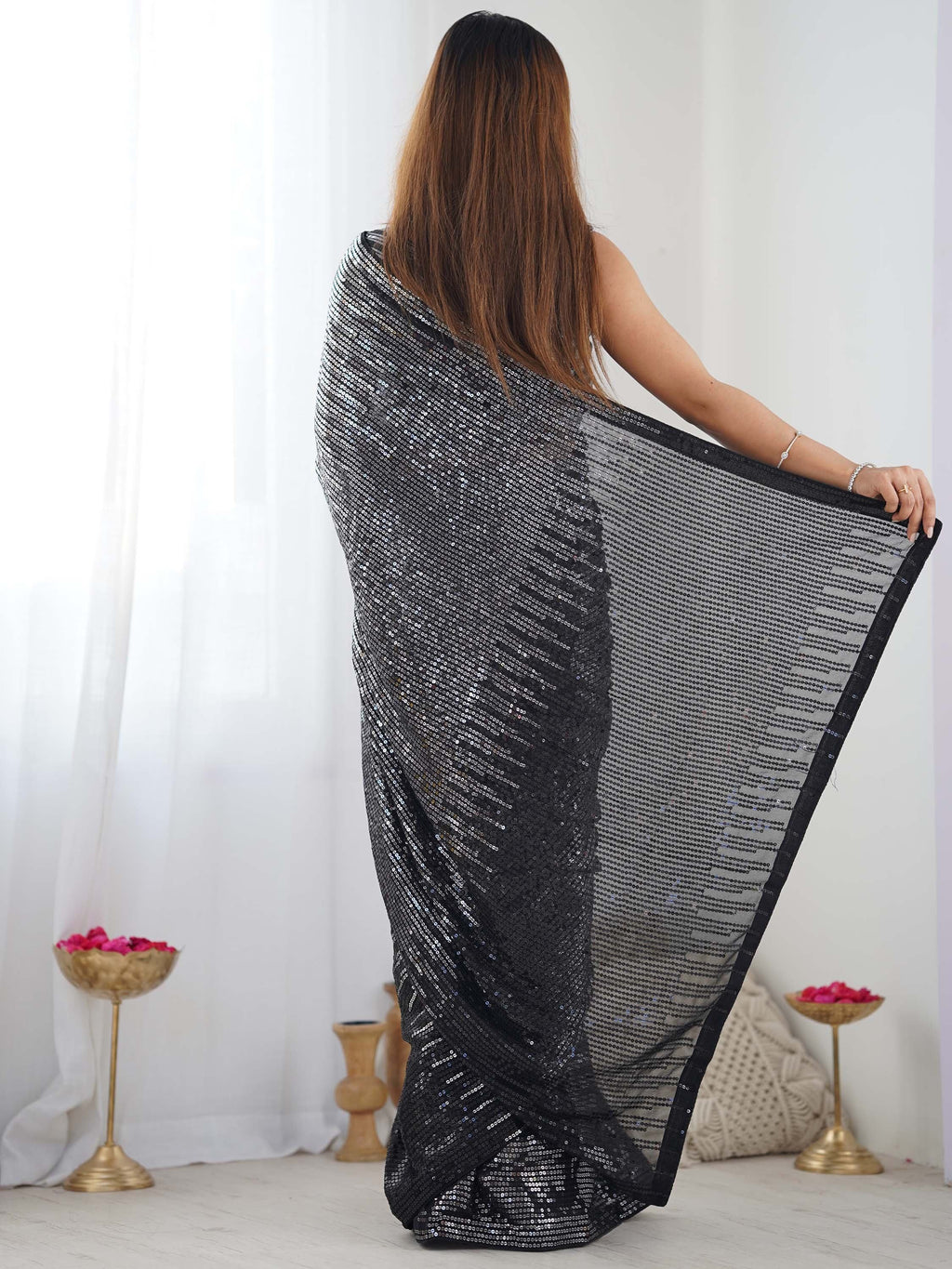 Glamorous Black Sequins Georgette Reception Wear Saree With Blouse