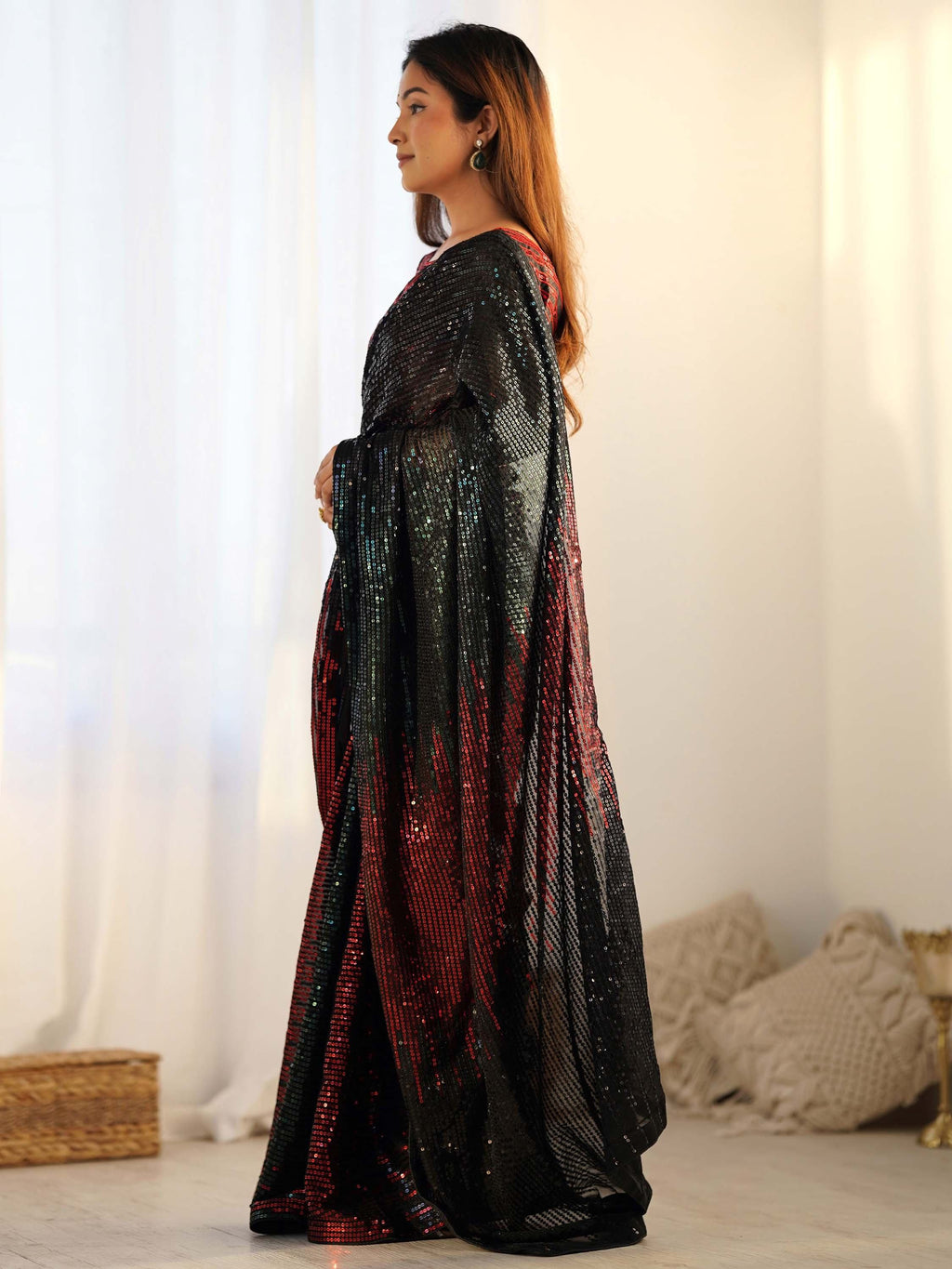 Bewitching Black Sequins Georgette Party Wear Saree With Blouse