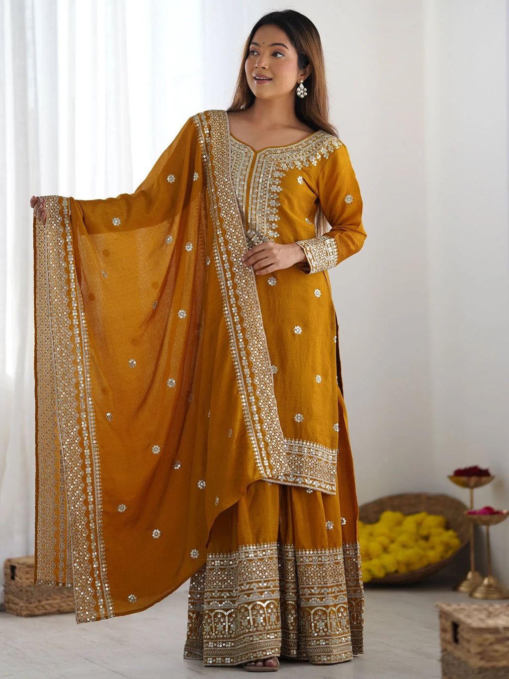 Mustard Gorgeous Embroidered Chinon Designer Sharara Suit