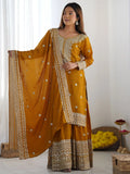 Mustard Gorgeous Embroidered Chinon Designer Sharara Suit