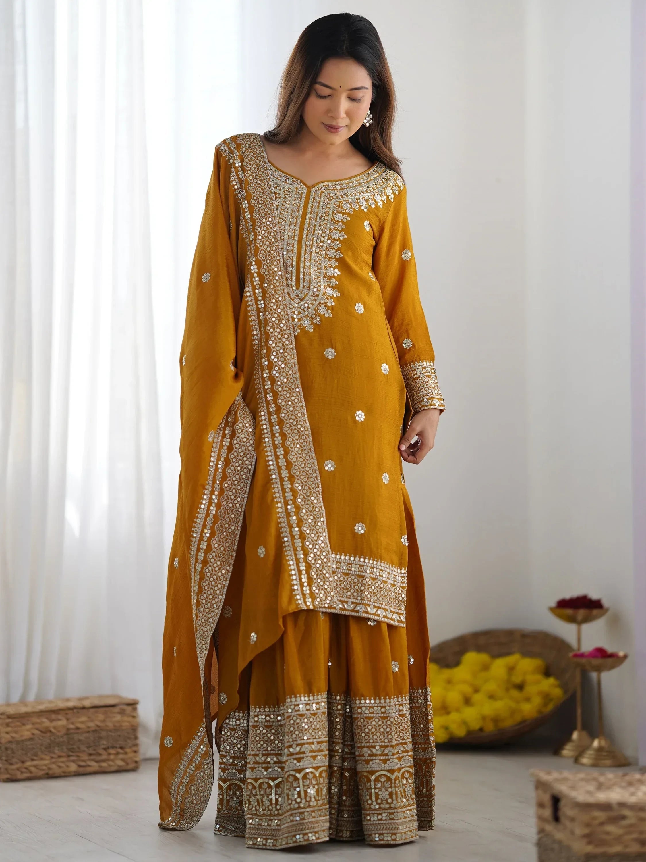 Mustard Gorgeous Embroidered Chinon Designer Sharara Suit