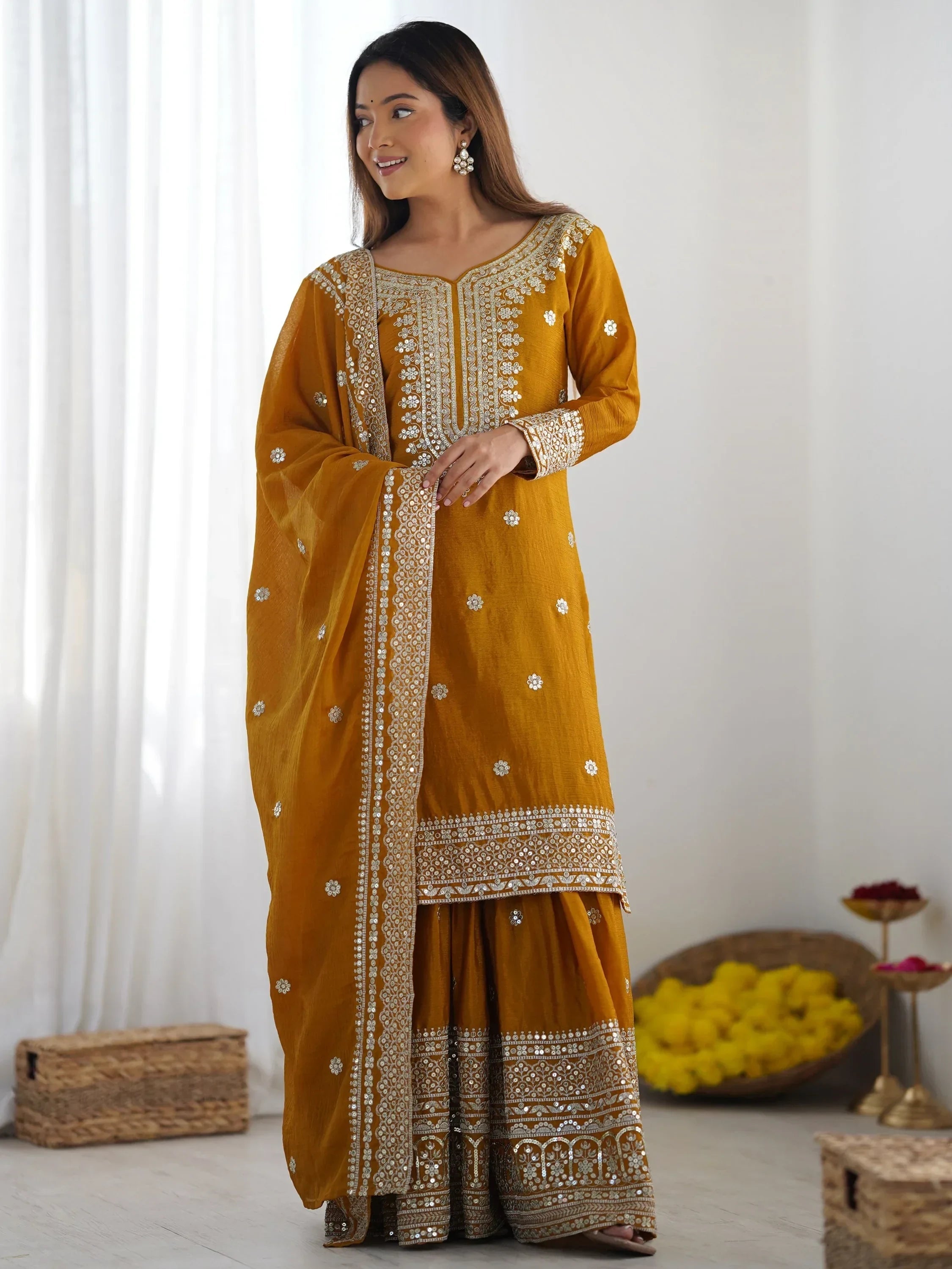 Mustard Gorgeous Embroidered Chinon Designer Sharara Suit