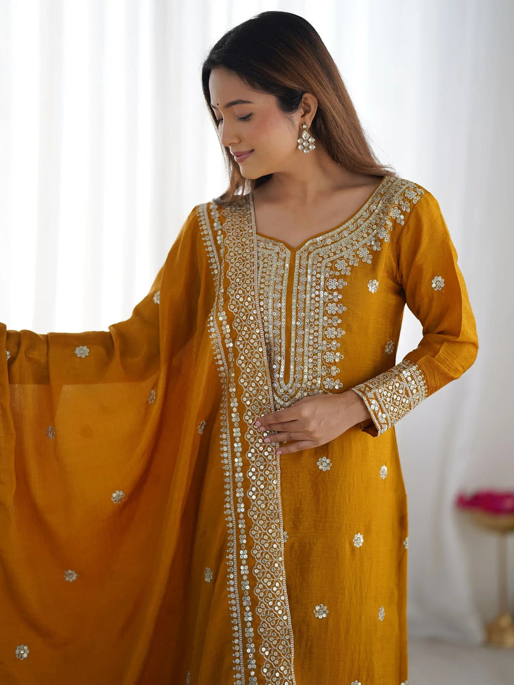 Mustard Gorgeous Embroidered Chinon Designer Sharara Suit