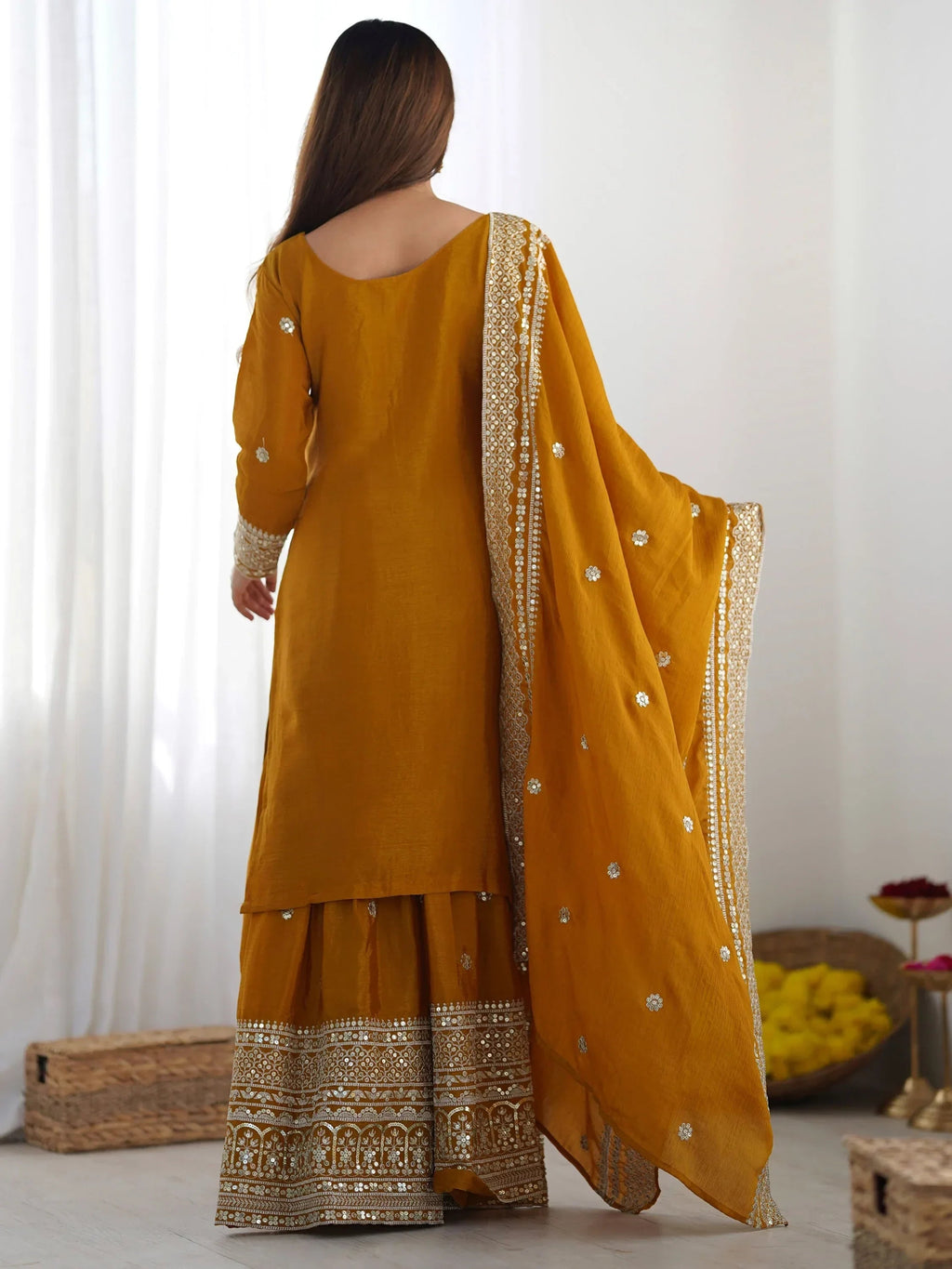 Mustard Gorgeous Embroidered Chinon Designer Sharara Suit