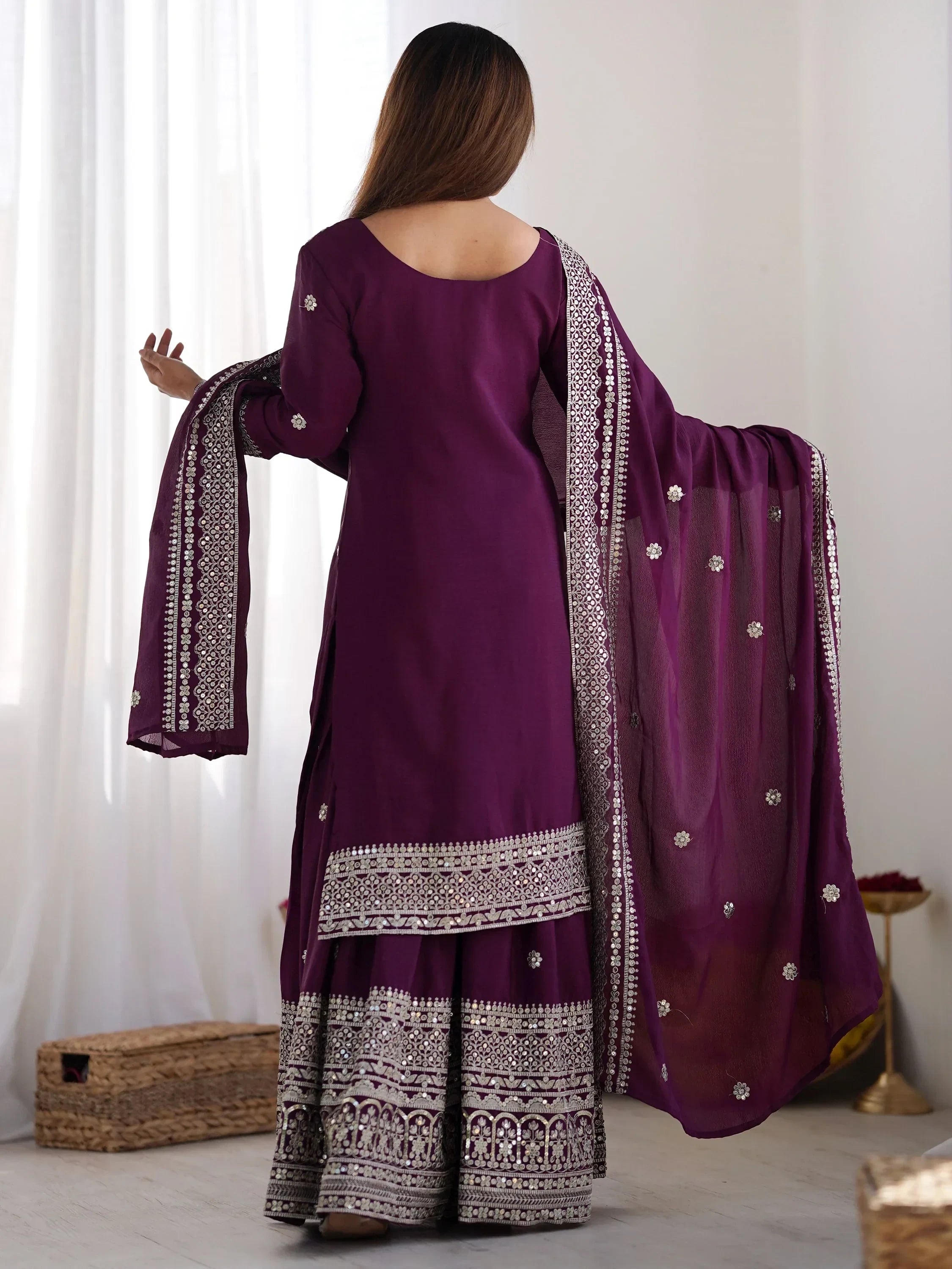 Purple Gorgeous Embroidered Chinon Designer Sharara Suit