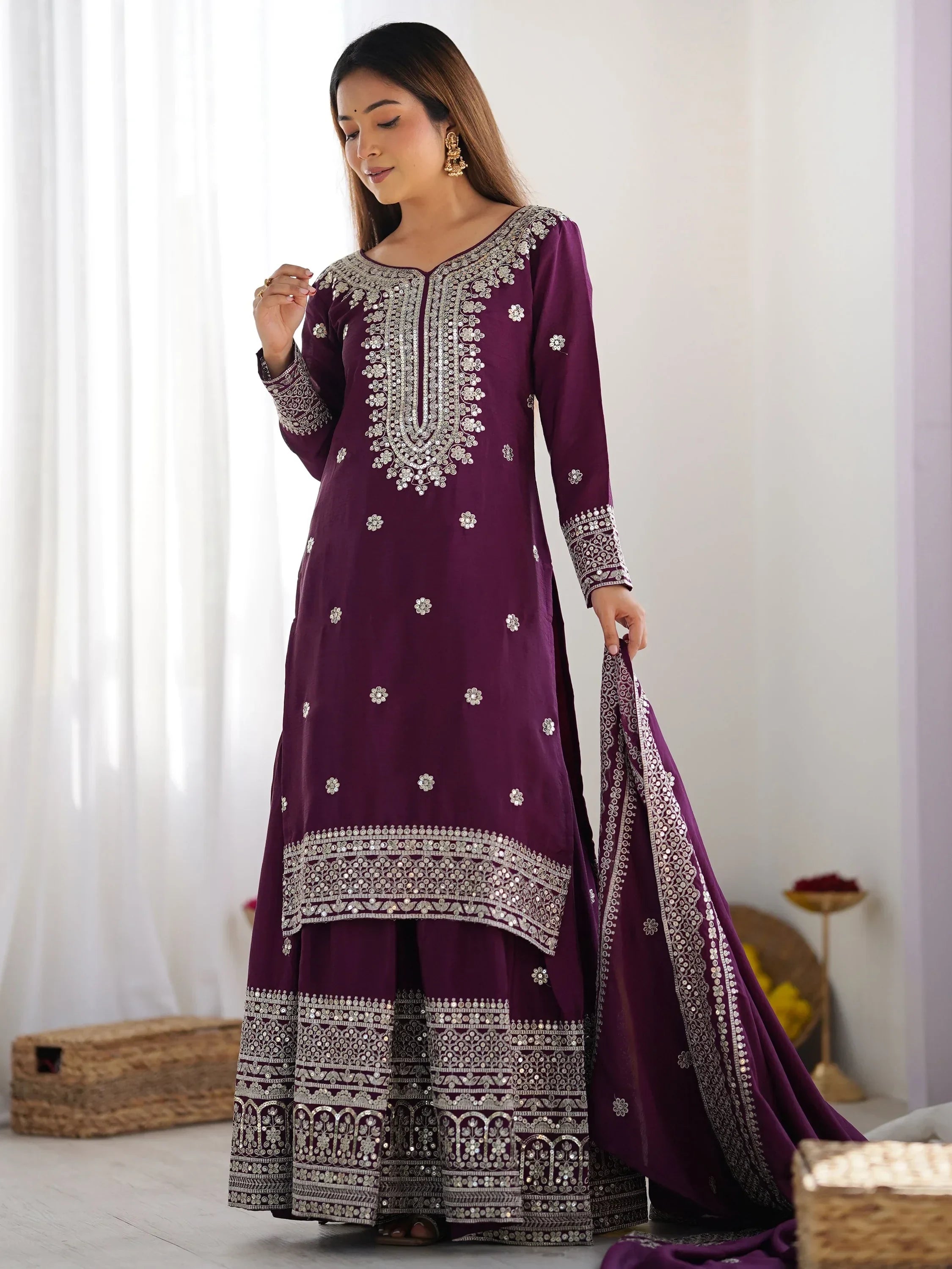 Purple Gorgeous Embroidered Chinon Designer Sharara Suit