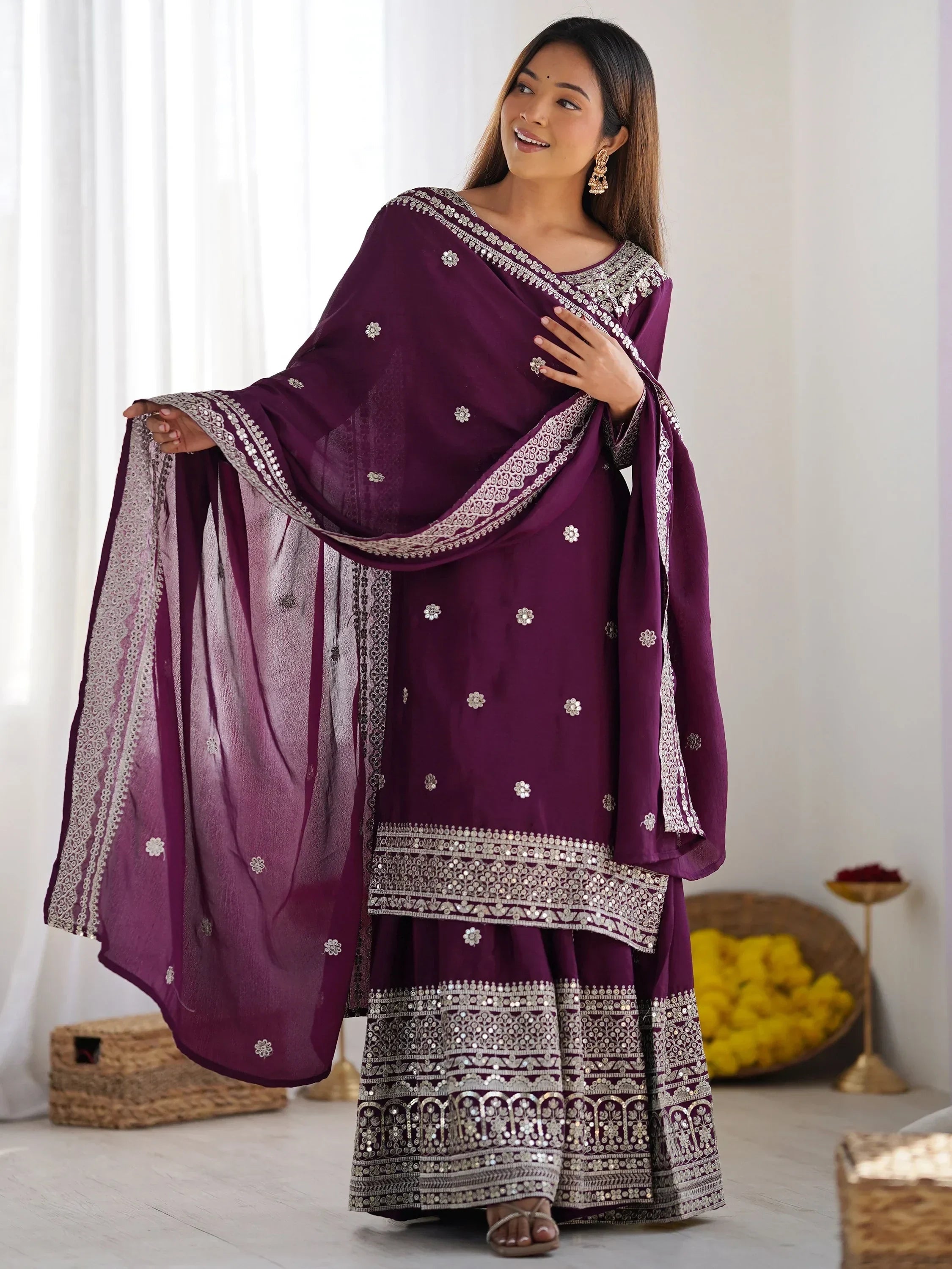 Purple Gorgeous Embroidered Chinon Designer Sharara Suit
