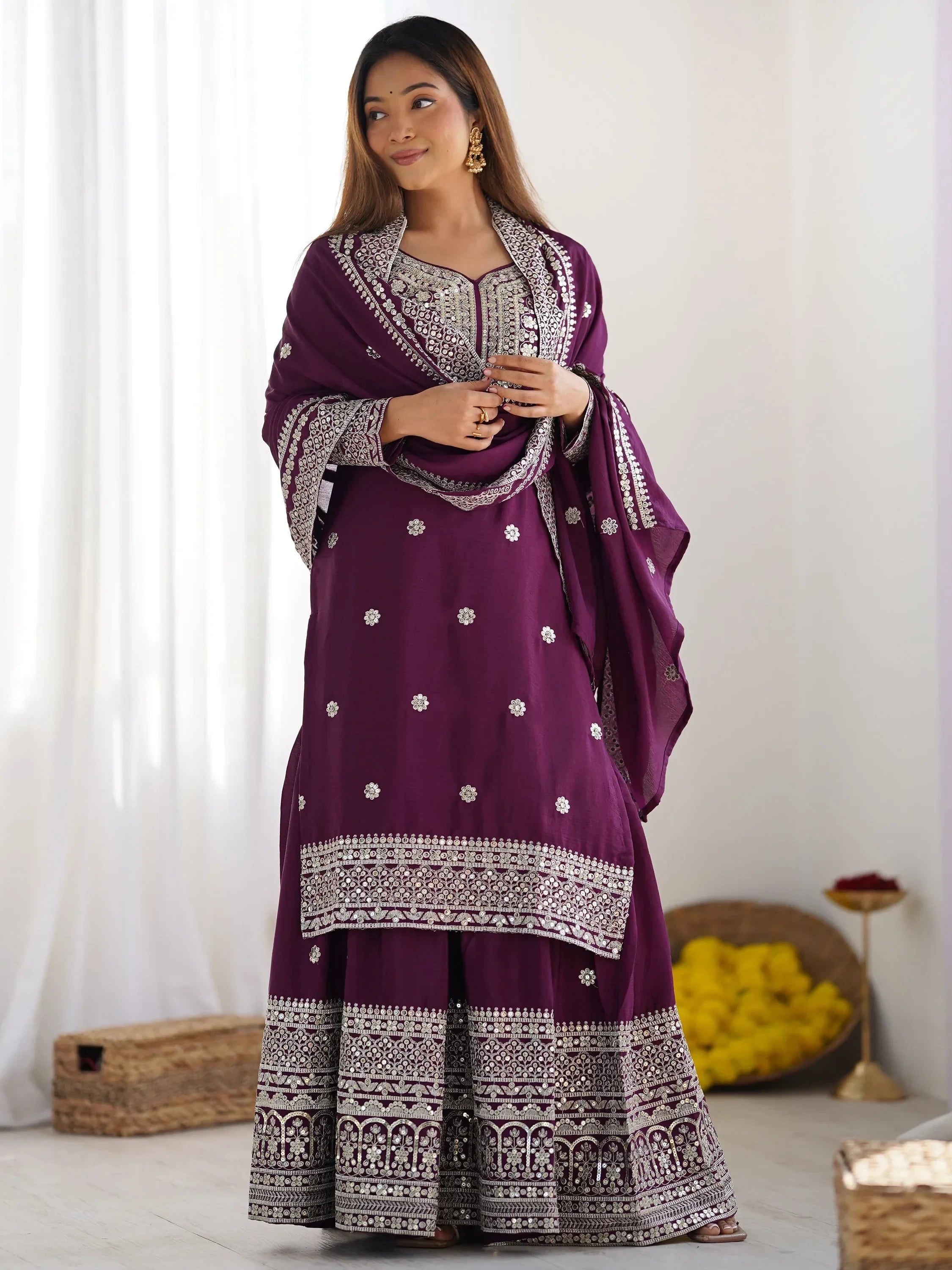 Purple Gorgeous Embroidered Chinon Designer Sharara Suit