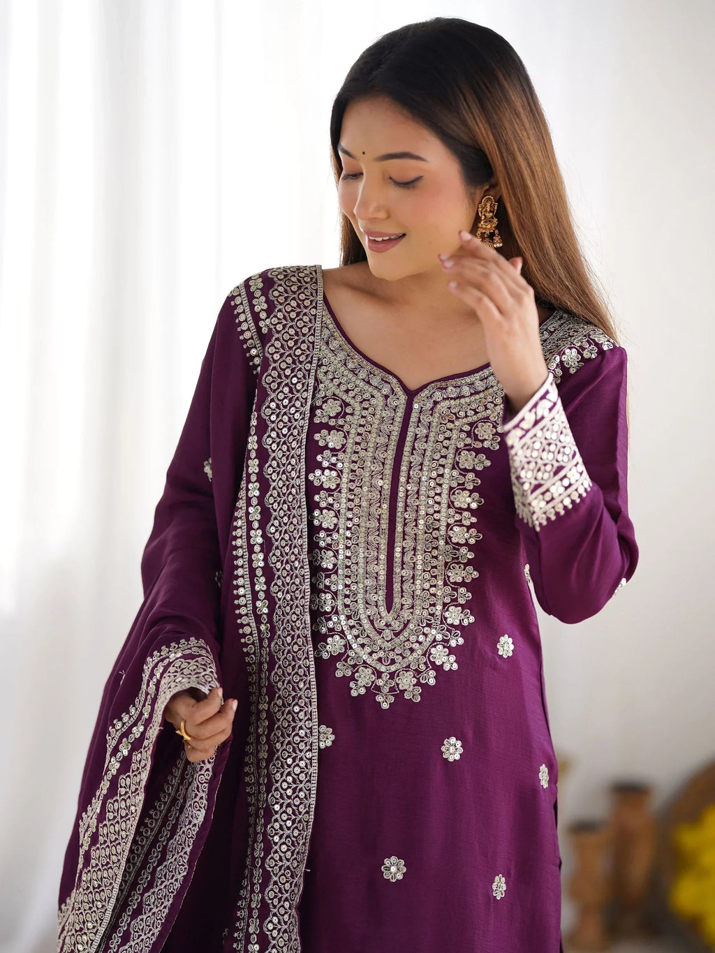 Purple Gorgeous Embroidered Chinon Designer Sharara Suit