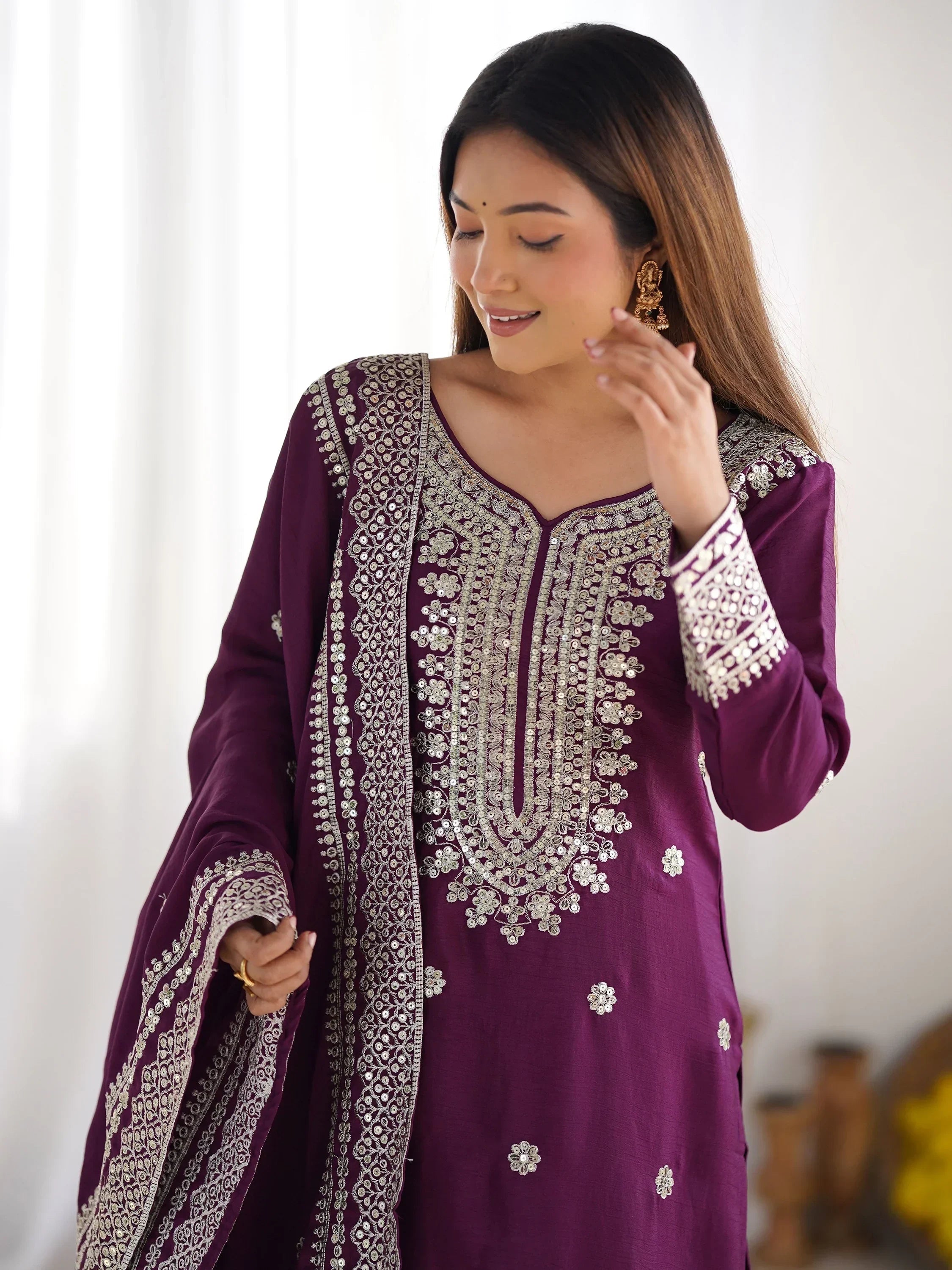Purple Gorgeous Embroidered Chinon Designer Sharara Suit