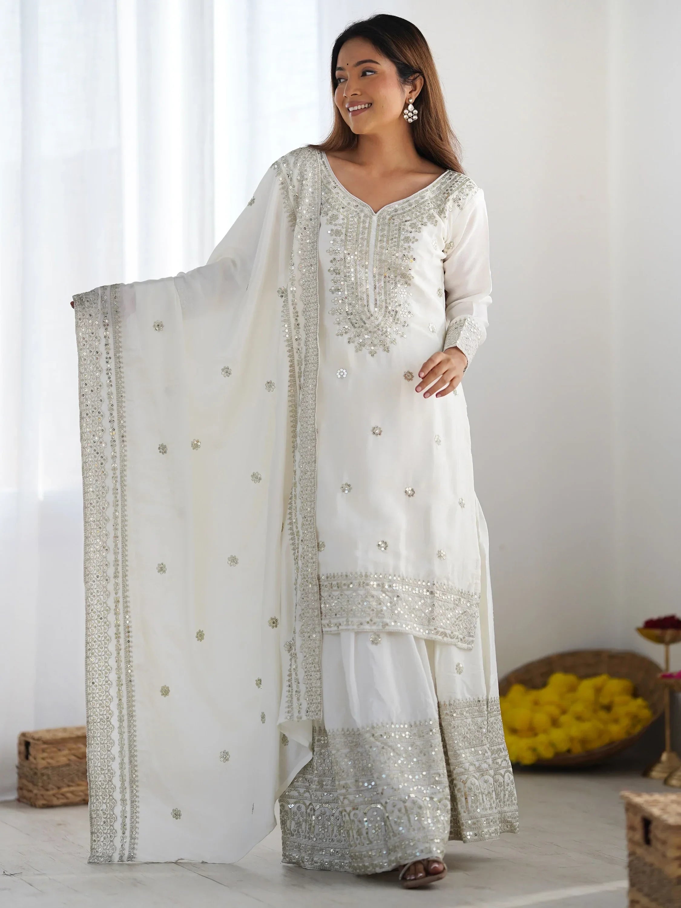 White Gorgeous Embroidered Chinon Designer Sharara Suit