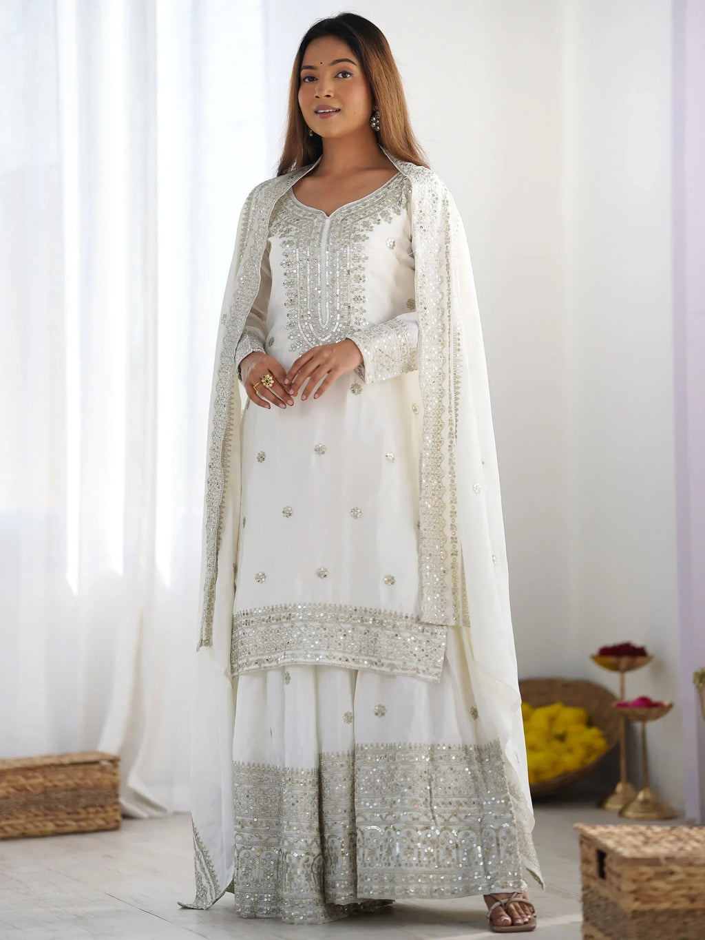White Gorgeous Embroidered Chinon Designer Sharara Suit