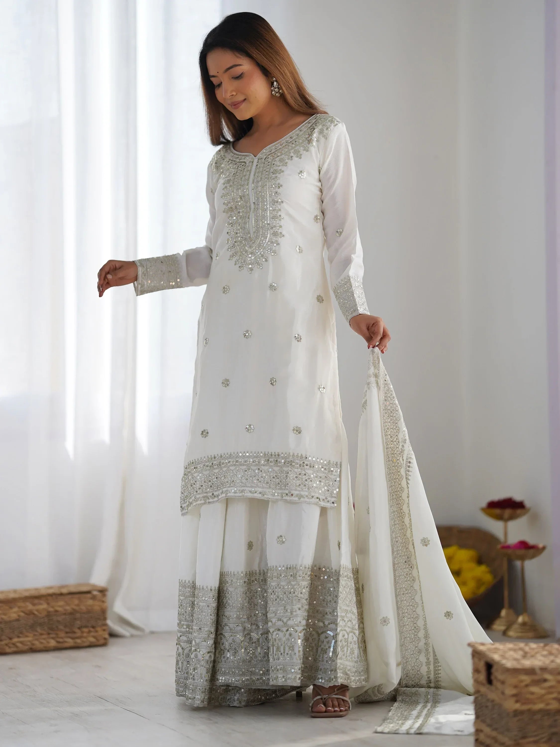 White Gorgeous Embroidered Chinon Designer Sharara Suit