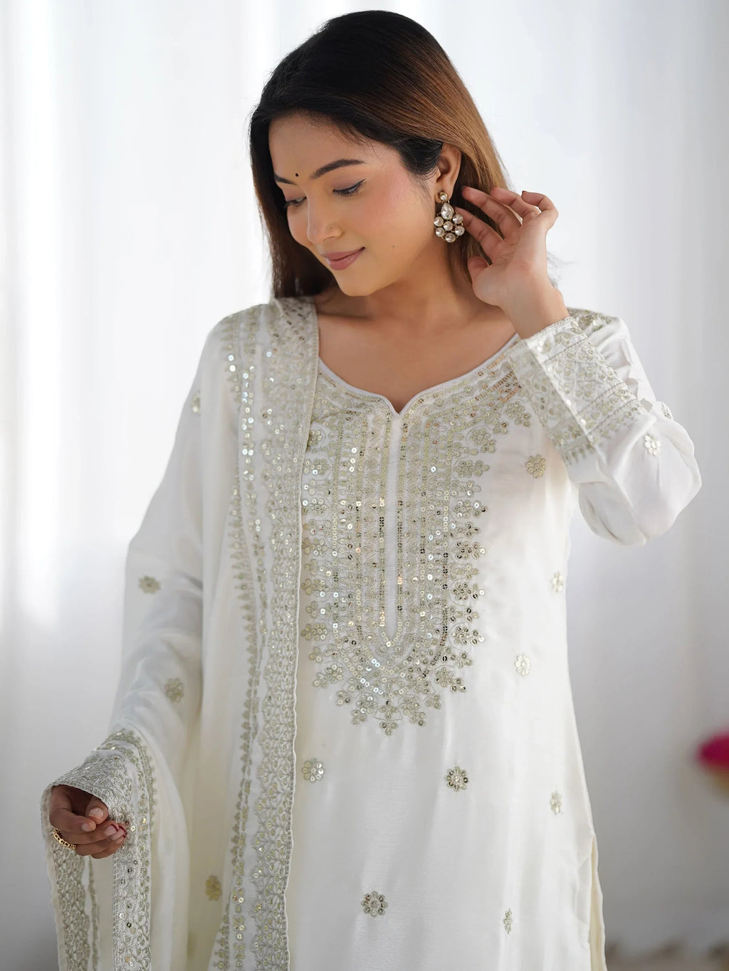 White Gorgeous Embroidered Chinon Designer Sharara Suit