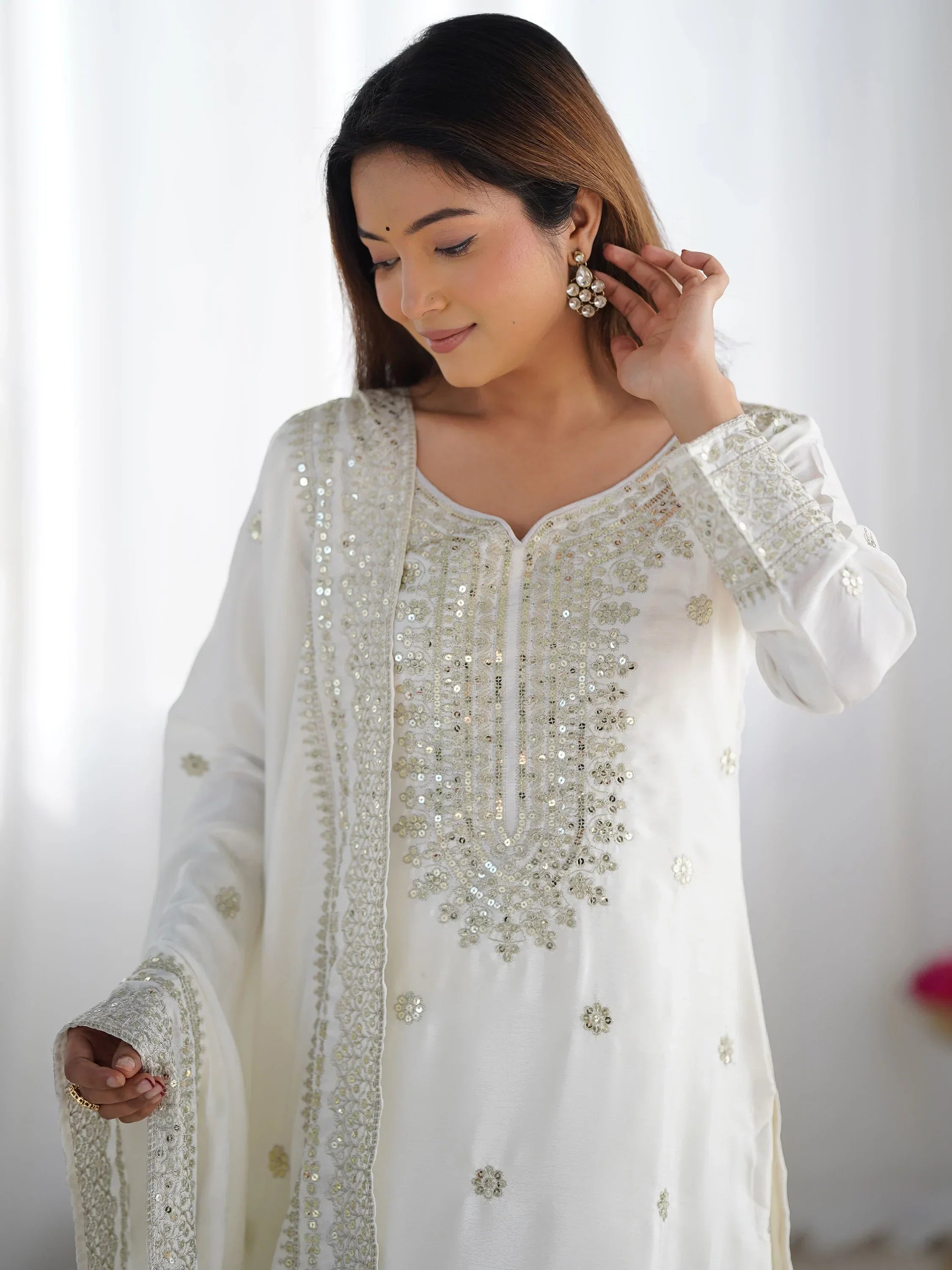 White Gorgeous Embroidered Chinon Designer Sharara Suit