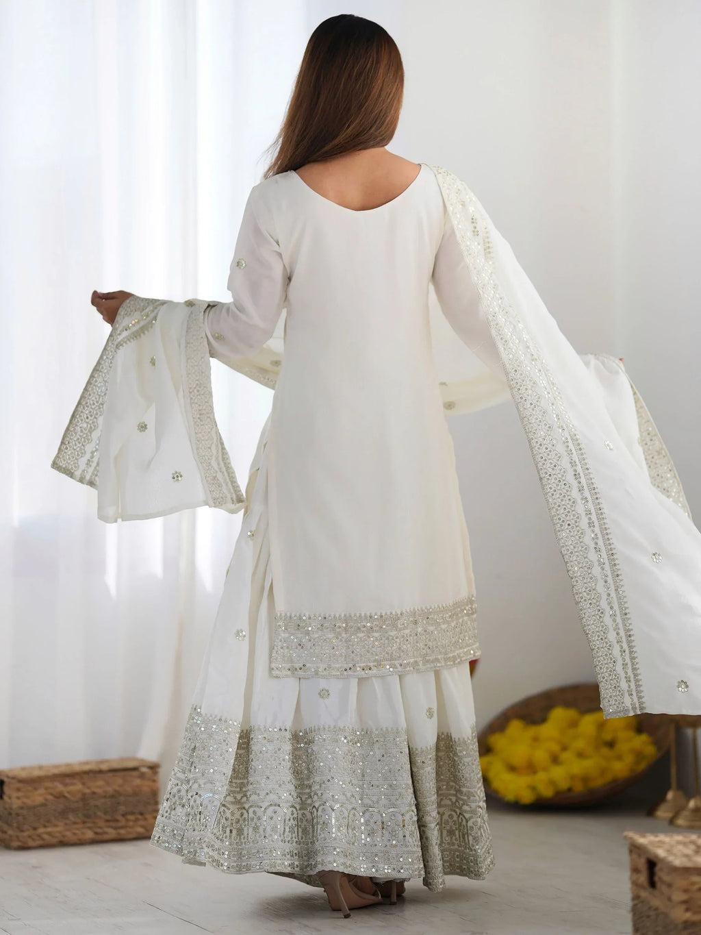 White Gorgeous Embroidered Chinon Designer Sharara Suit
