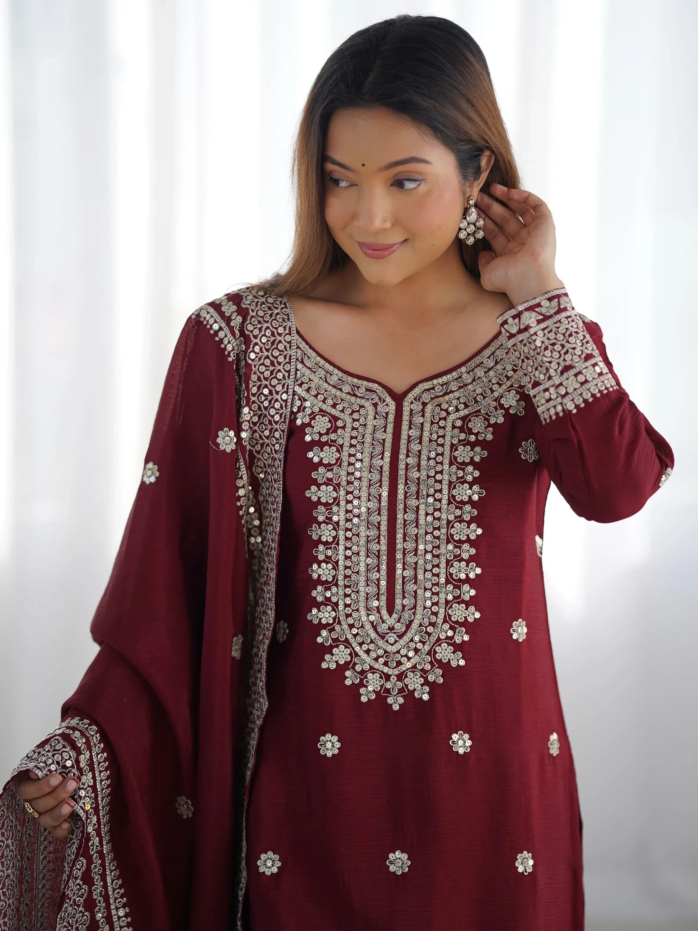 Maroon Gorgeous Embroidered Chinon Designer Sharara Suit
