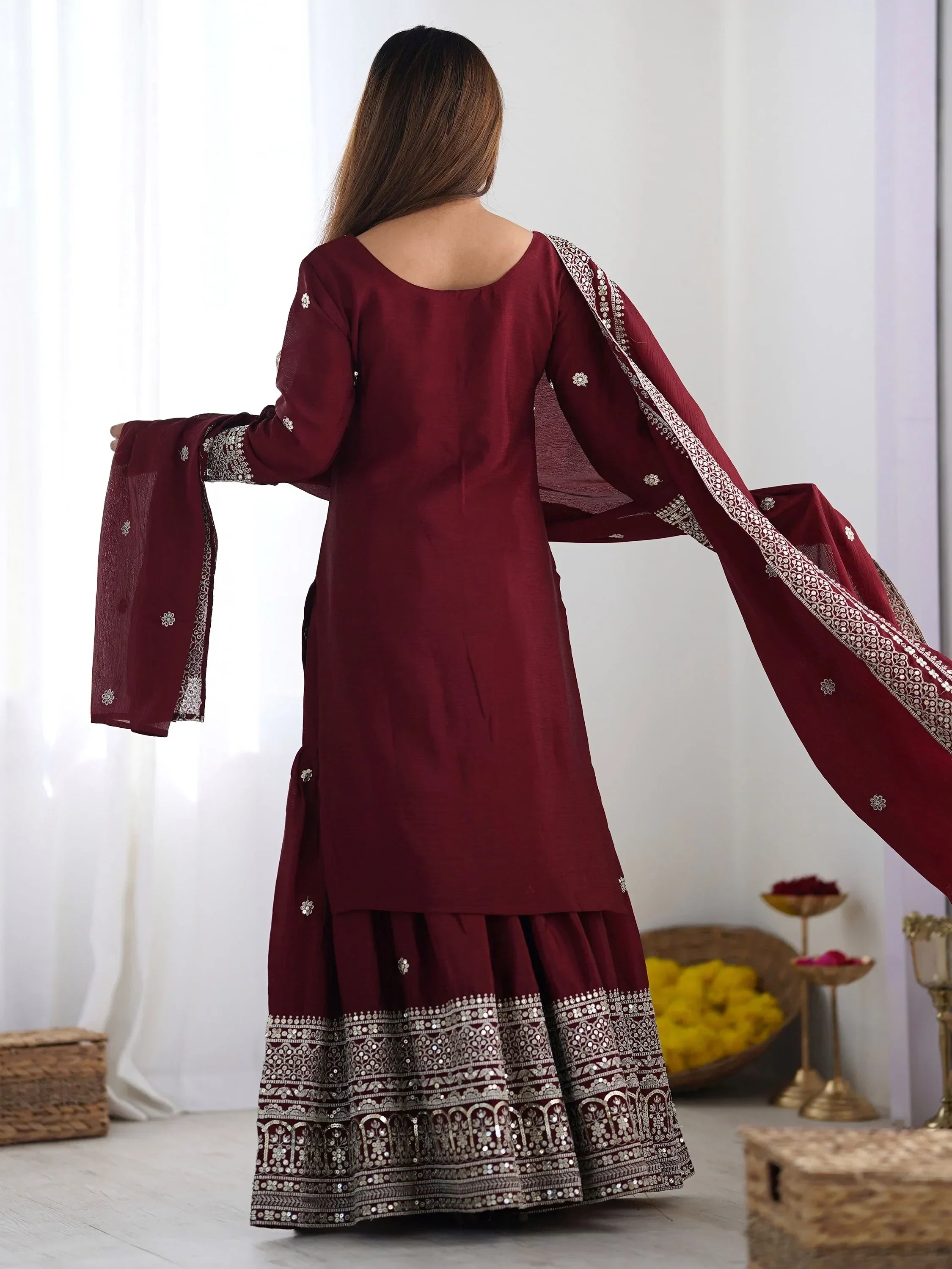 Maroon Gorgeous Embroidered Chinon Designer Sharara Suit