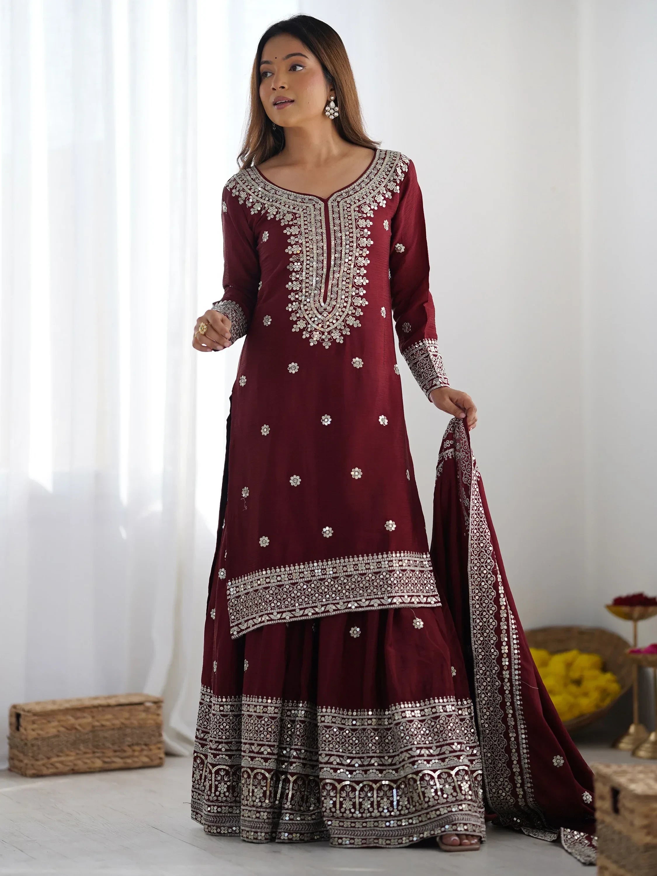 Maroon Gorgeous Embroidered Chinon Designer Sharara Suit