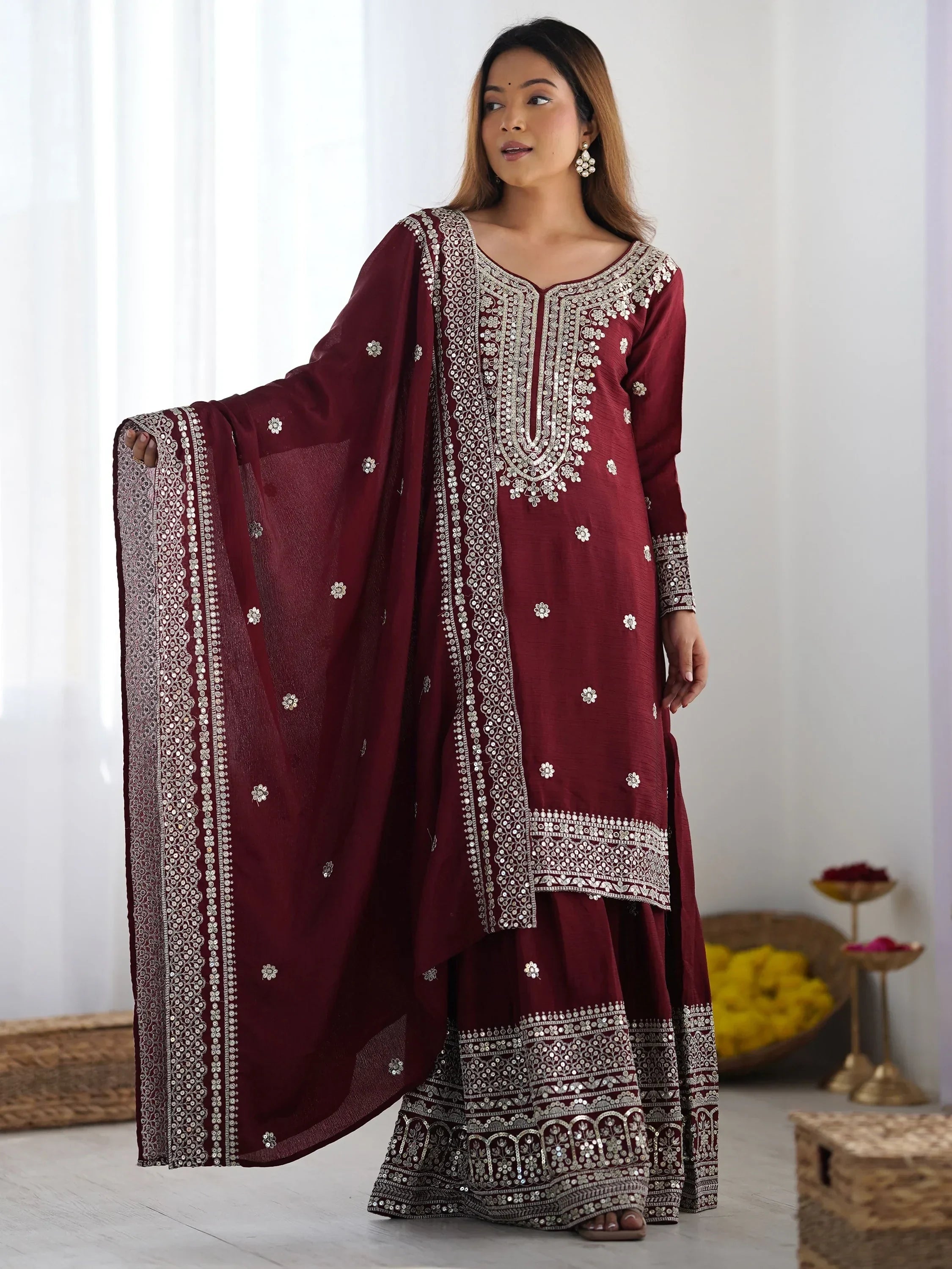 Maroon Gorgeous Embroidered Chinon Designer Sharara Suit