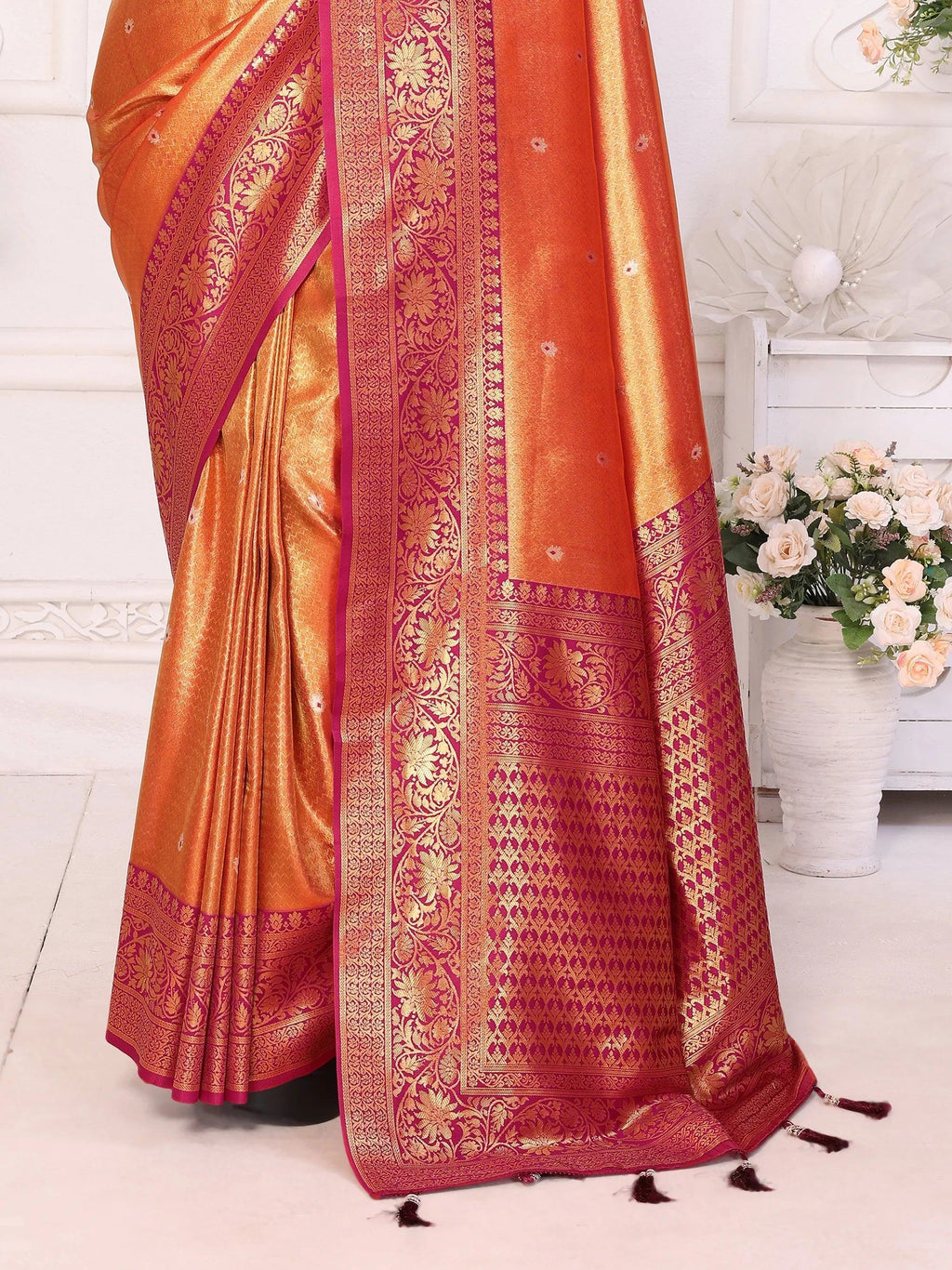 Orange Fantastic Zari Weaving Banarasi Silk Festival Wear Saree