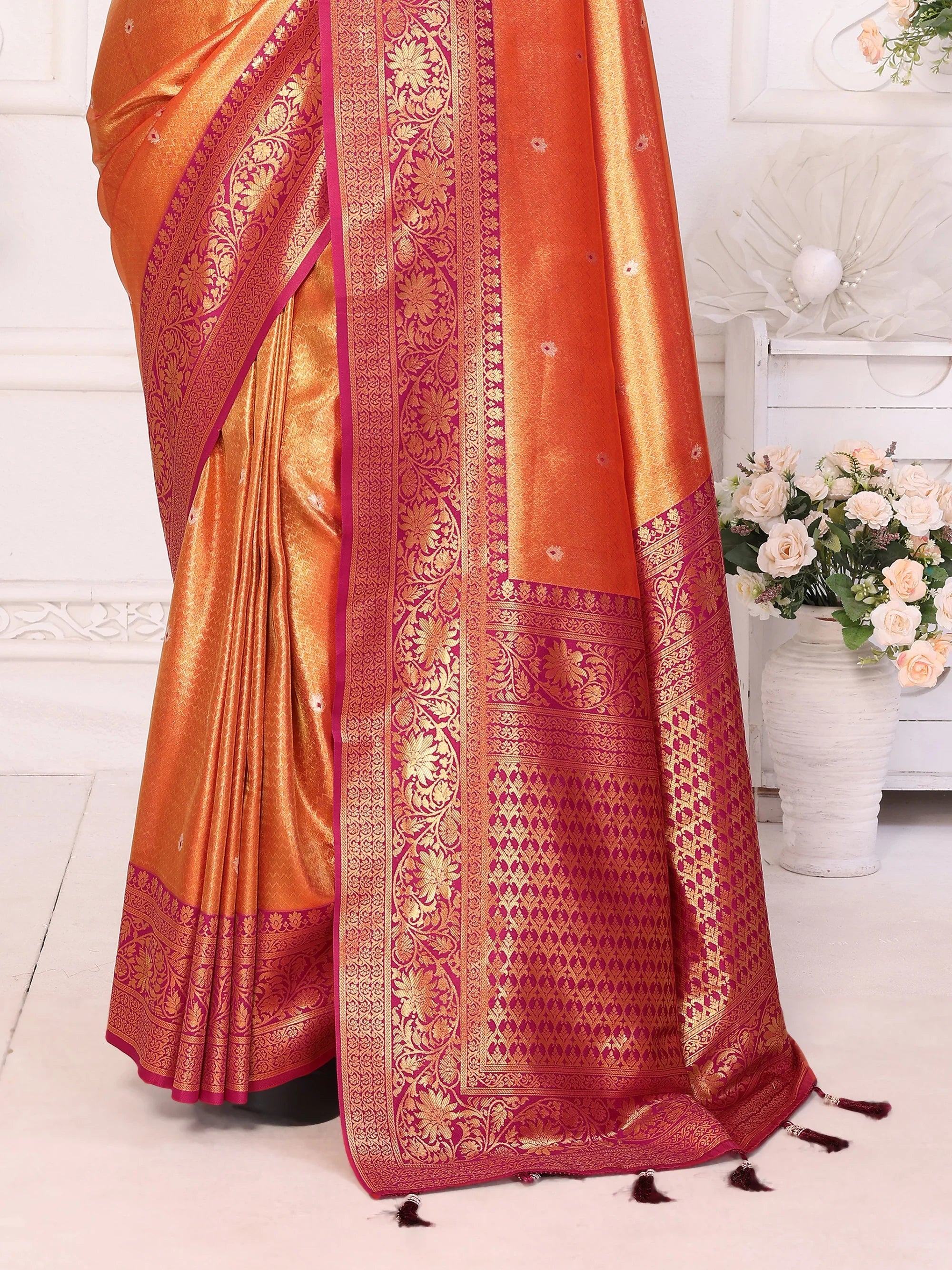 Orange Fantastic Zari Weaving Banarasi Silk Festival Wear Saree