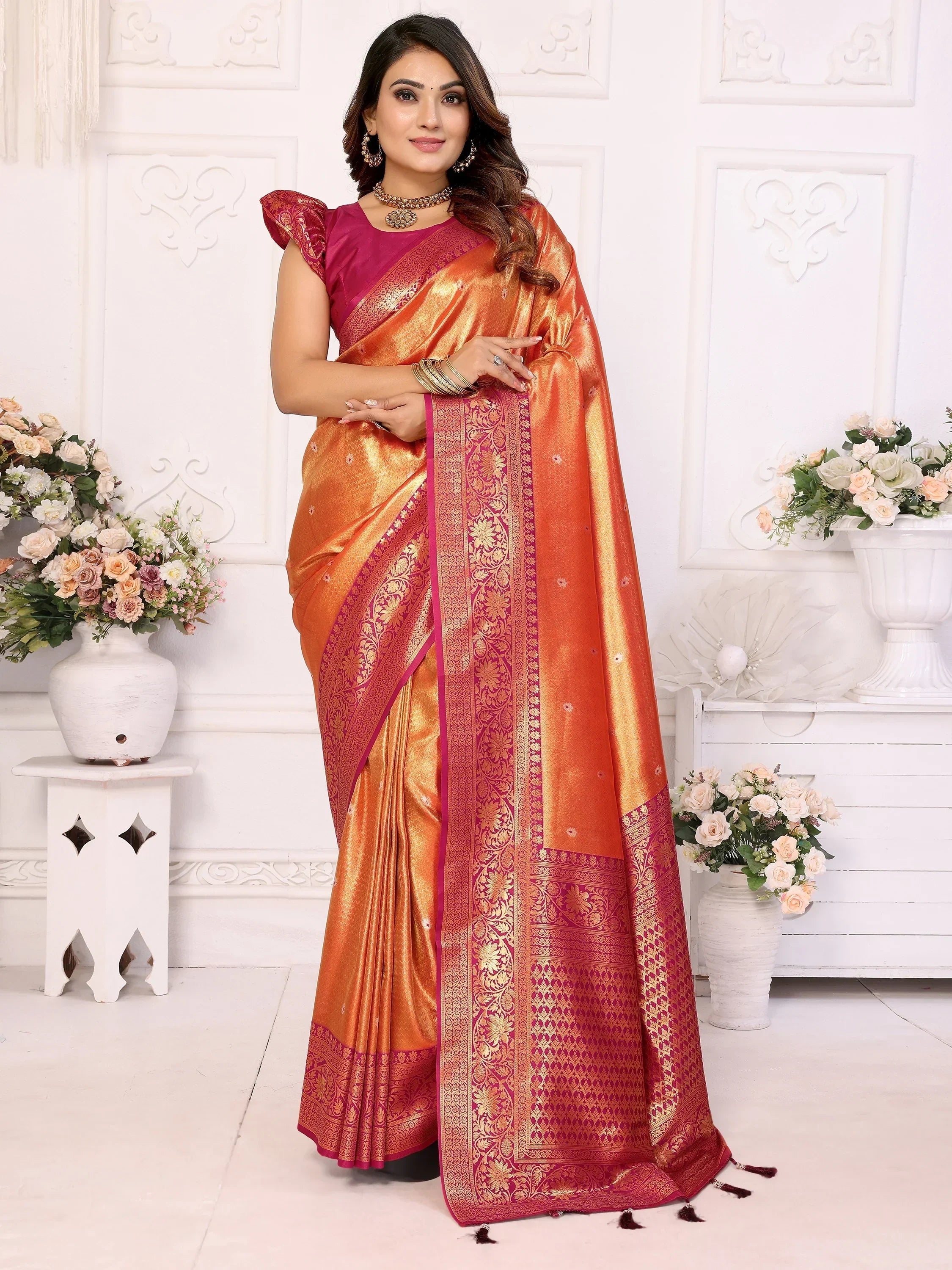 Orange Fantastic Zari Weaving Banarasi Silk Festival Wear Saree